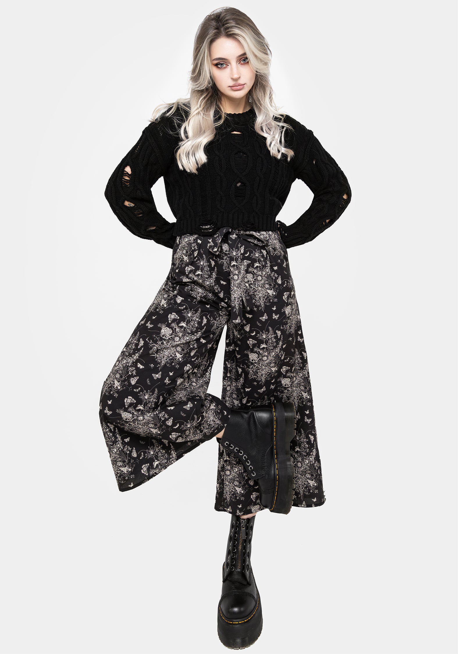 Black Floral Butterfly Print Tie-Waist Culottes | Thalia