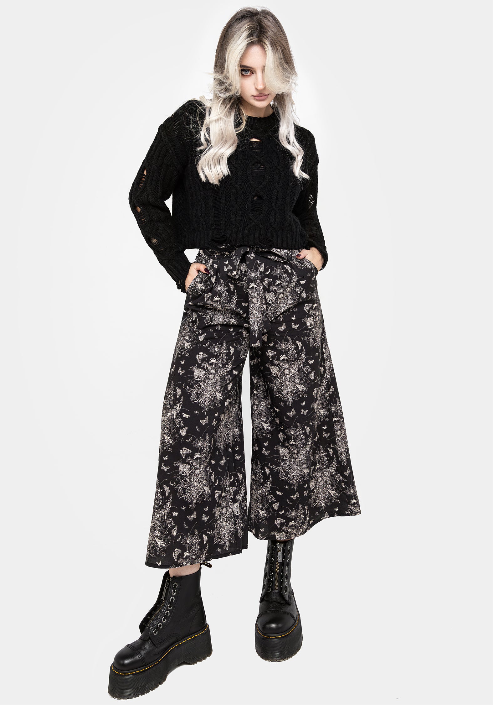 Black Floral Butterfly Print Tie-Waist Culottes | Thalia