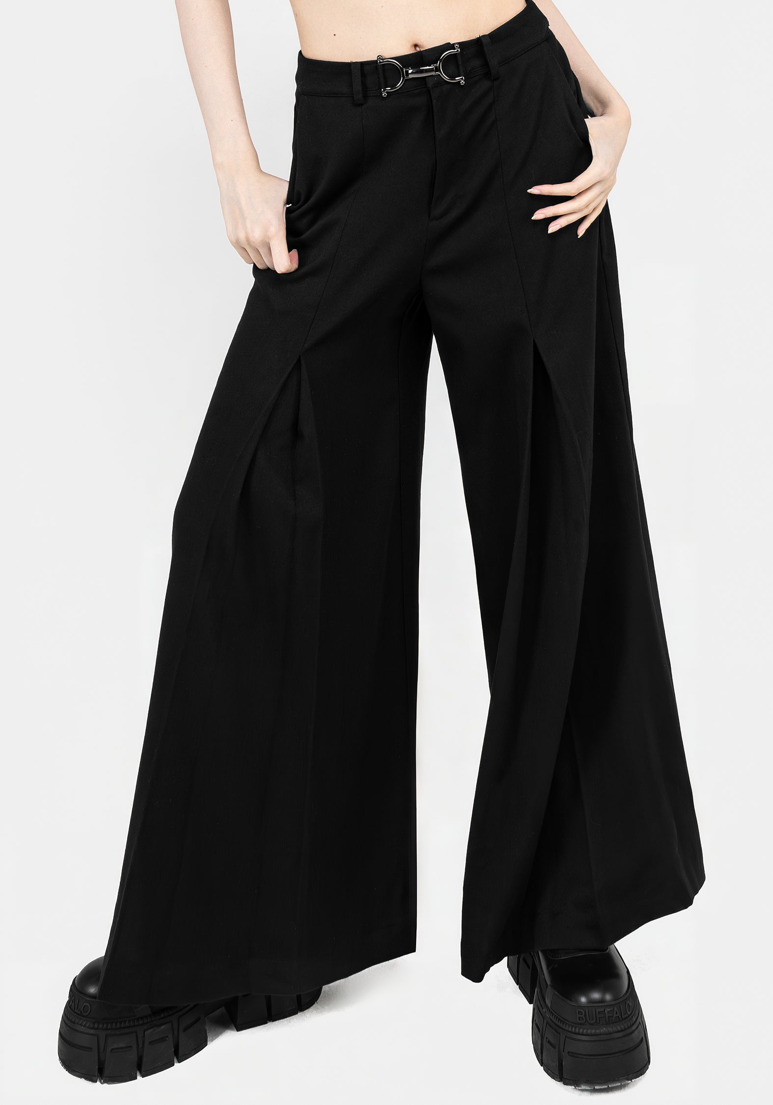 Wide Leg Pleated Trousers with Statement Buckle | Camilla