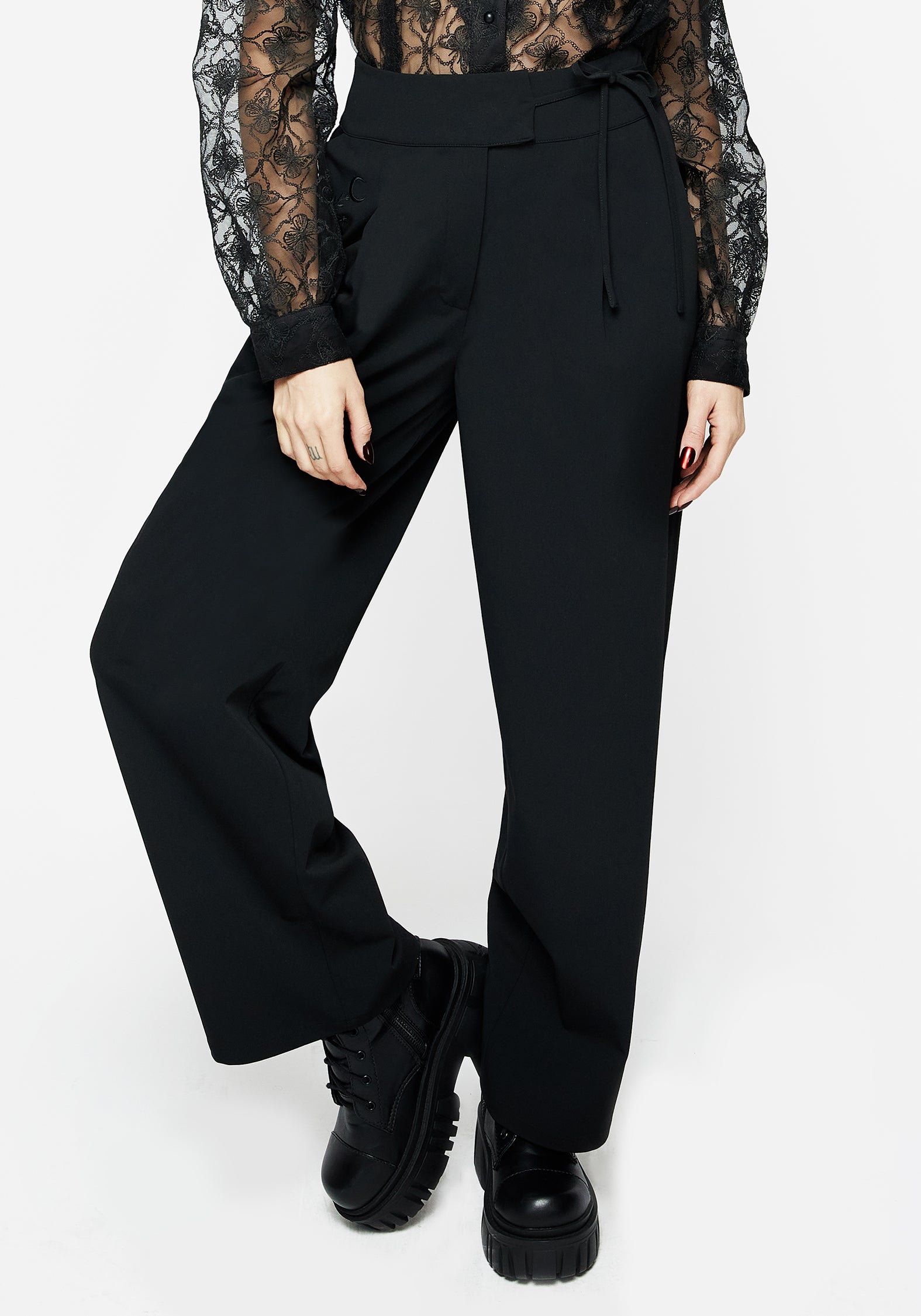 Embroidered High Waist Trousers with Tie Waist | Asteria