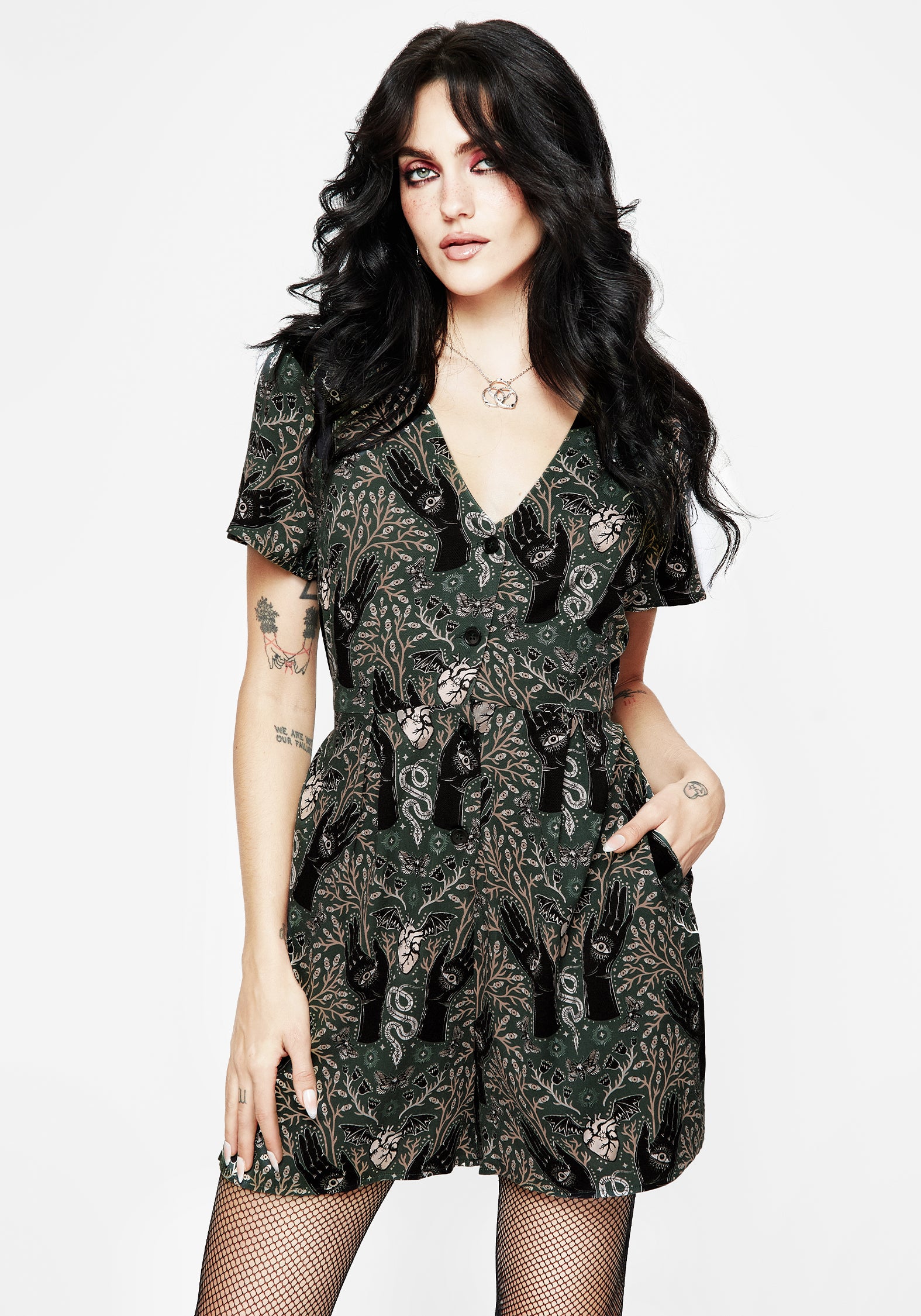 Green Witch Print V-Neck Playsuit with Pockets | Hemlock