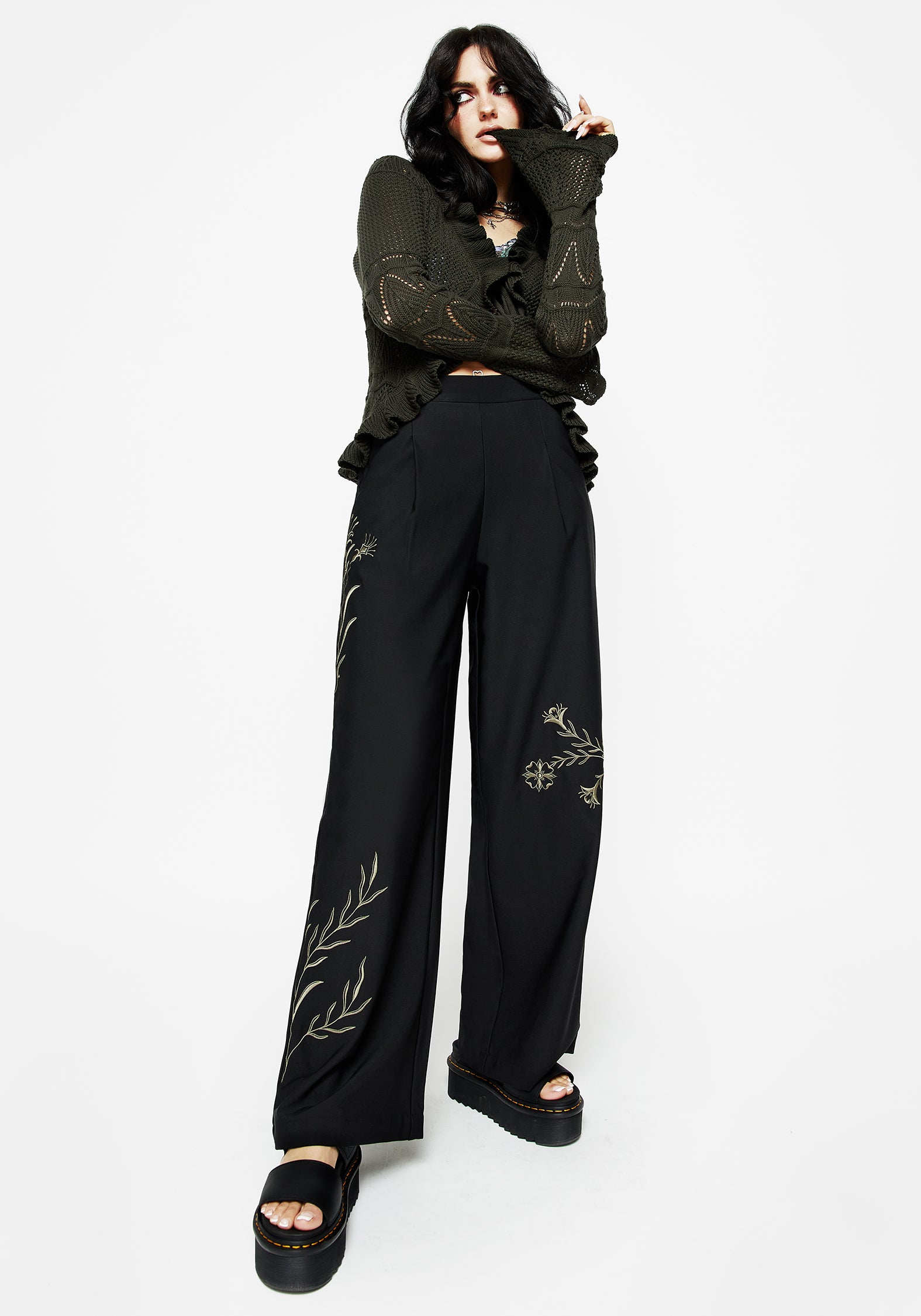Floral Embroidered Wide Leg Trousers for Women | Herald