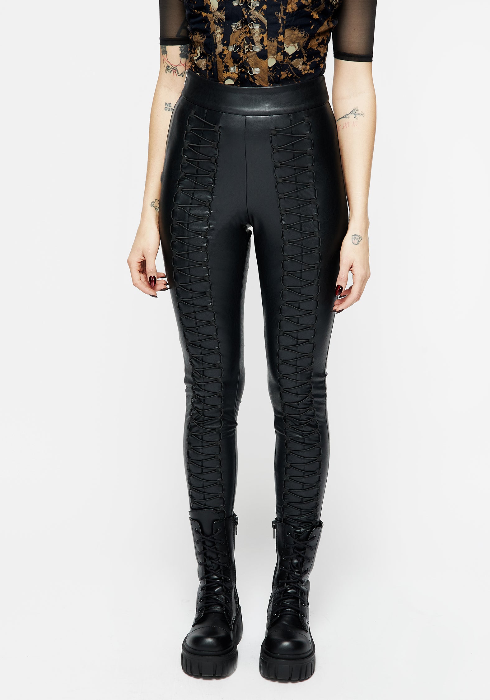 Faux Leather Lace-Up Leggings with High Waist & Side Zipper | Vagabond