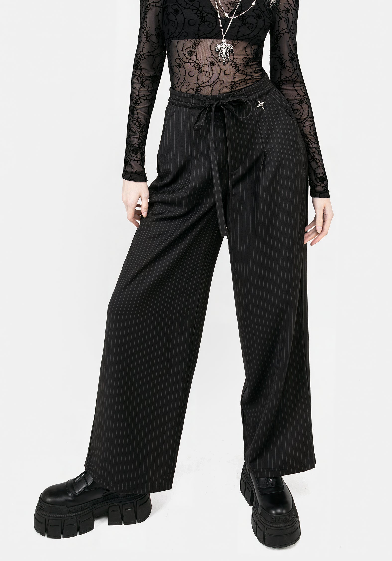 Black Pinstripe Wide Leg Trousers with Elastic Waist | Claudia