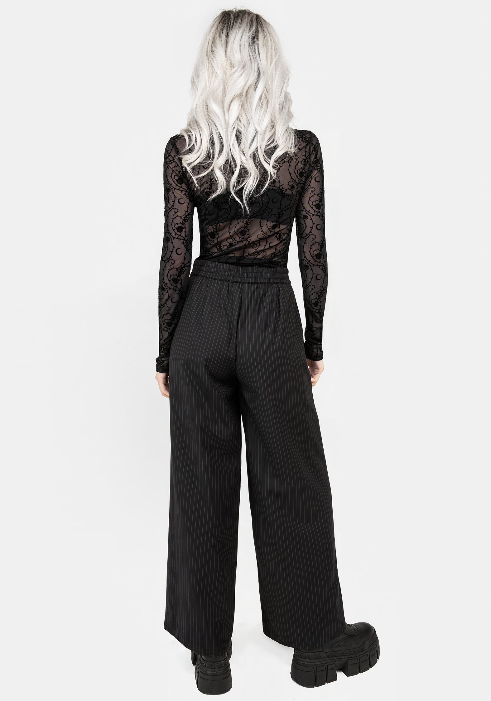 Black Pinstripe Wide Leg Trousers with Elastic Waist | Claudia