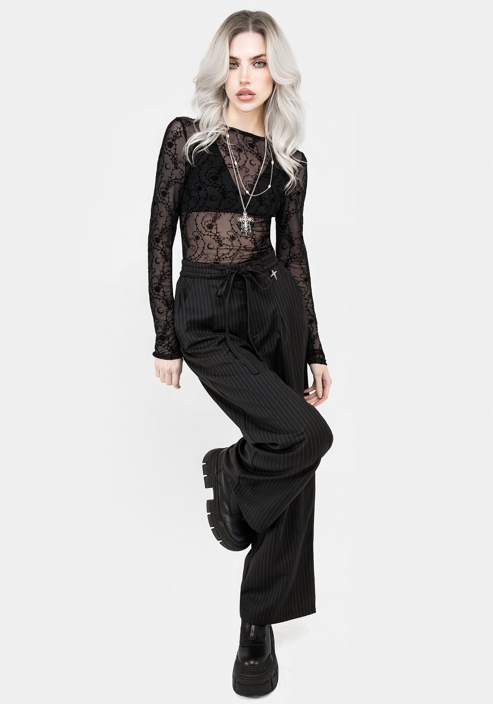 Black Pinstripe Wide Leg Trousers with Elastic Waist | Claudia