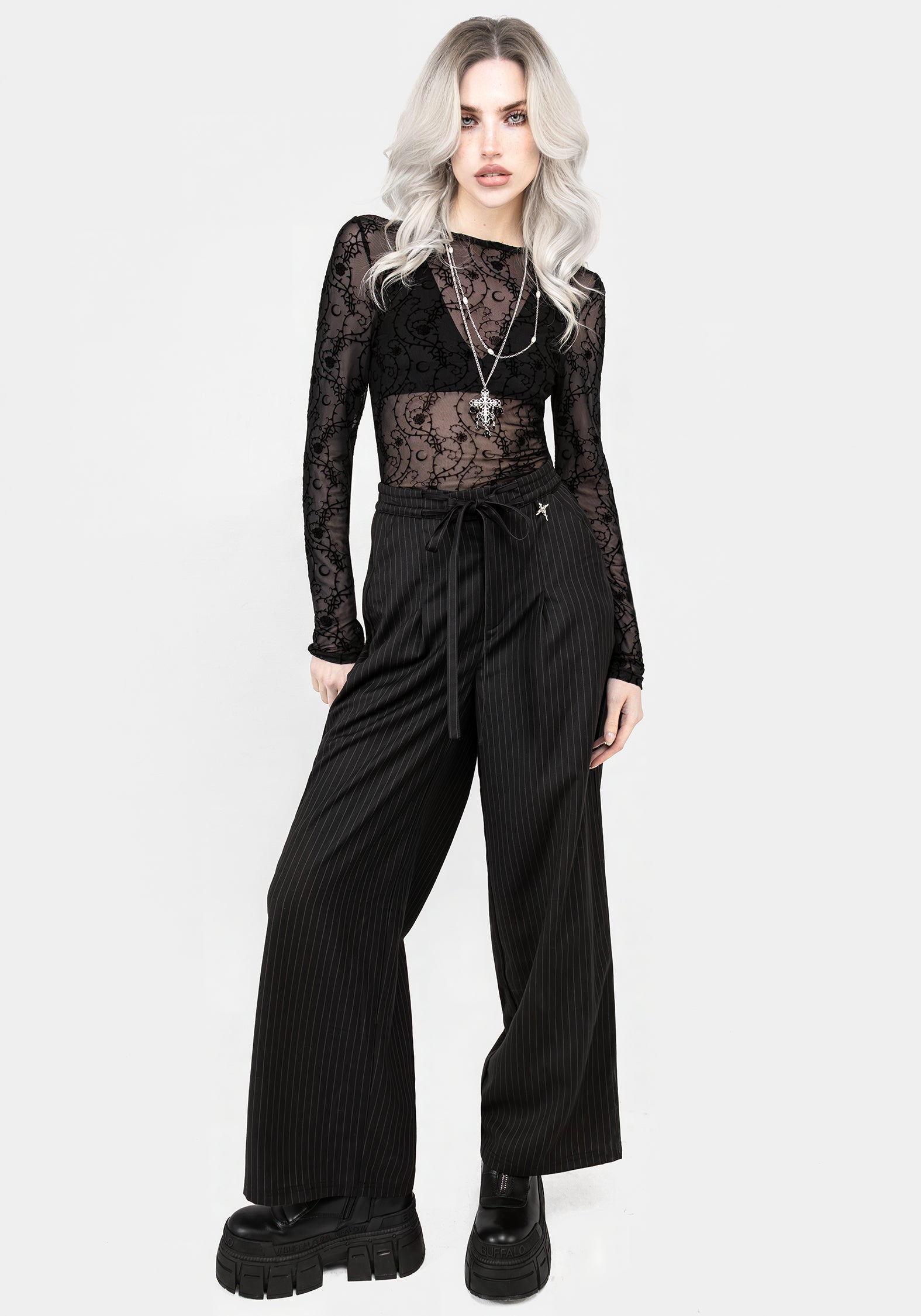 Black Pinstripe Wide Leg Trousers with Elastic Waist | Claudia