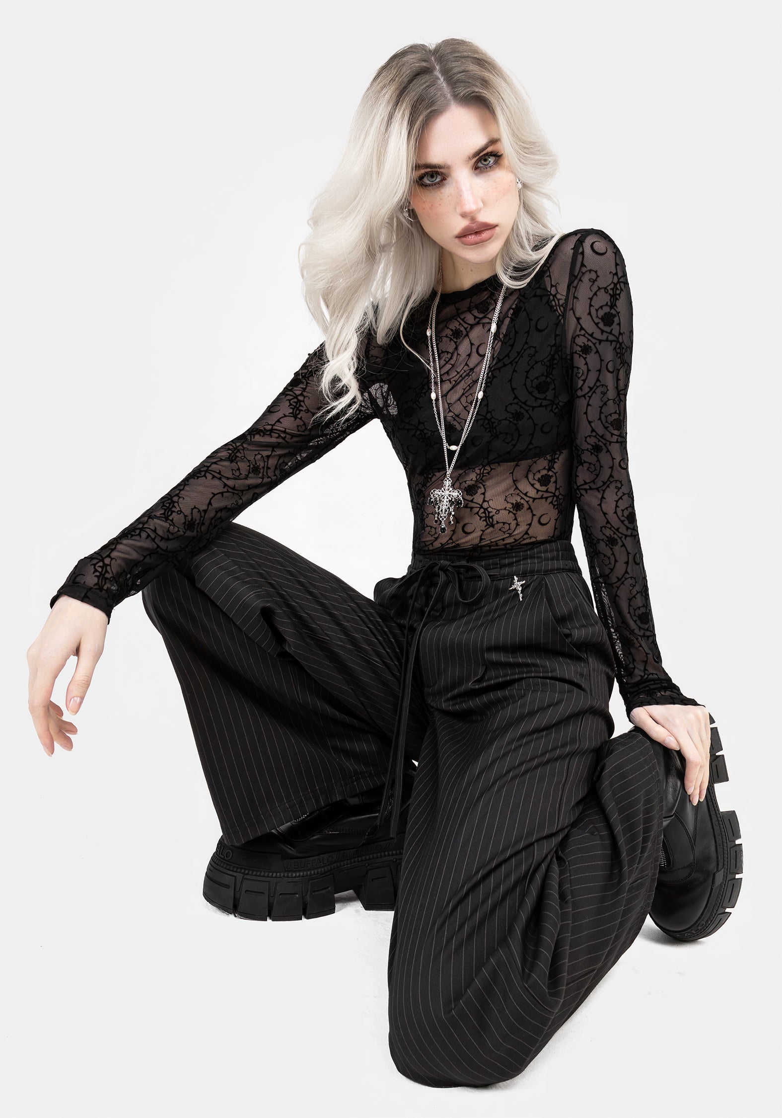 Black Pinstripe Wide Leg Trousers with Elastic Waist | Claudia