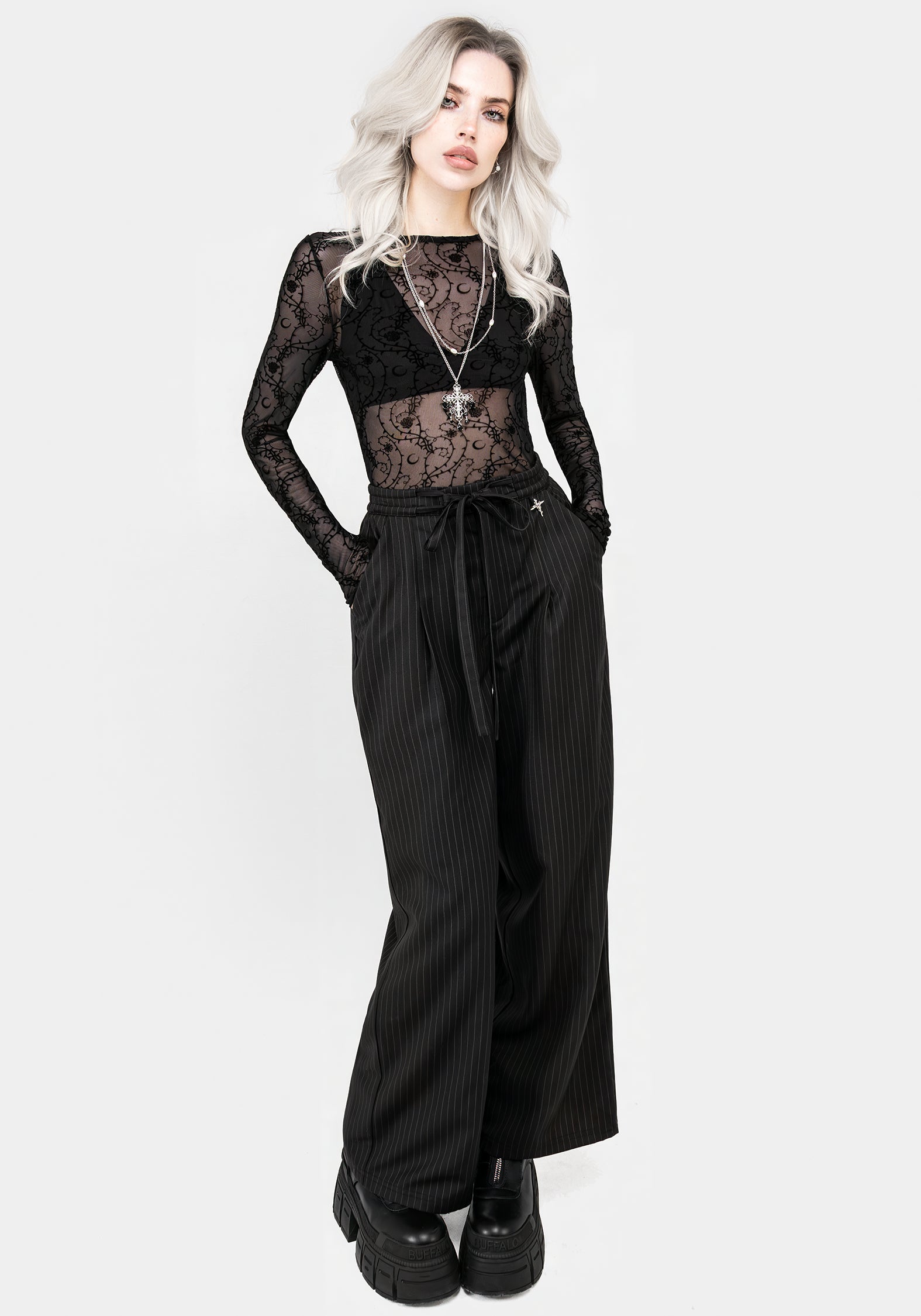 Black Pinstripe Wide Leg Trousers with Elastic Waist | Claudia