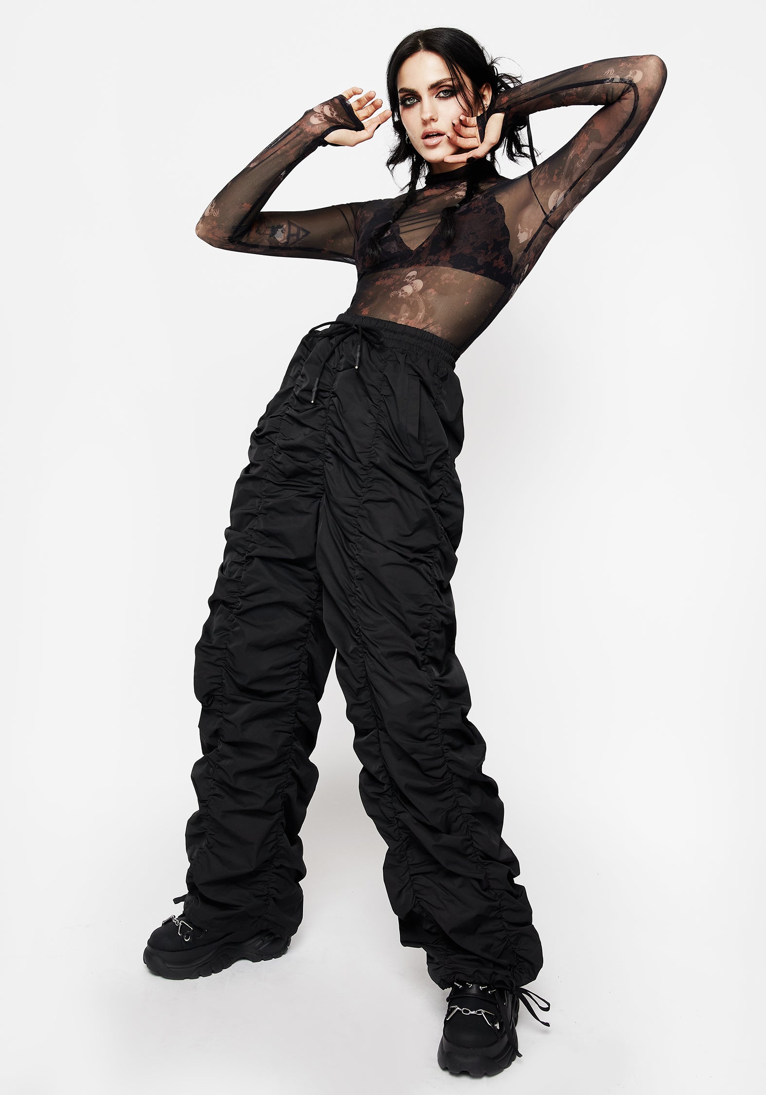 Black Ruched Wide Leg Trousers with Elastic Waist & Pockets | Shockwork