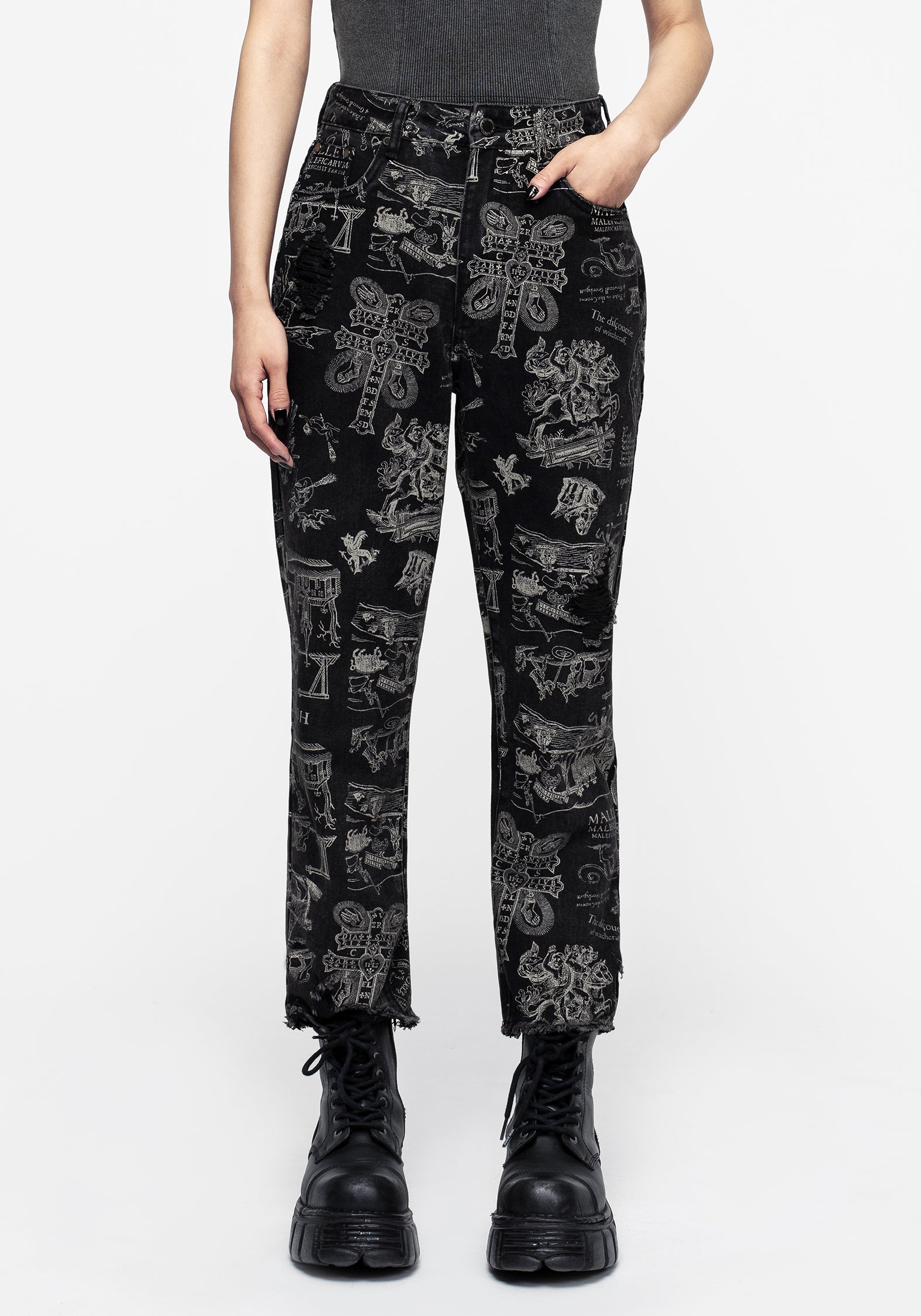 Black Slim Straight Jeans with Witchcraft Print | Heresy Denim