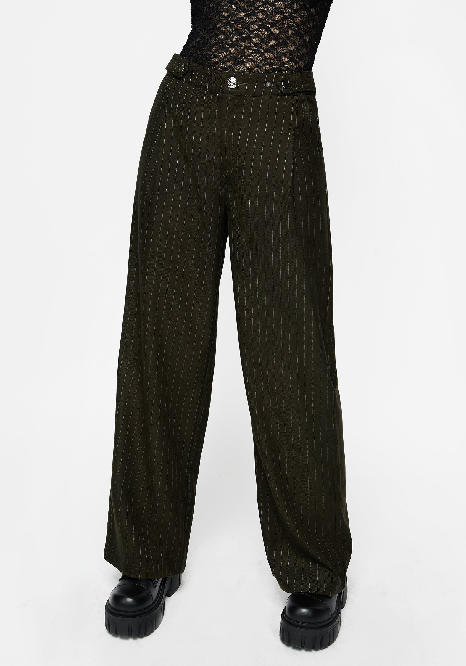 Green Pinstripe Wide Leg Trousers with High-Rise Fit | Payoff