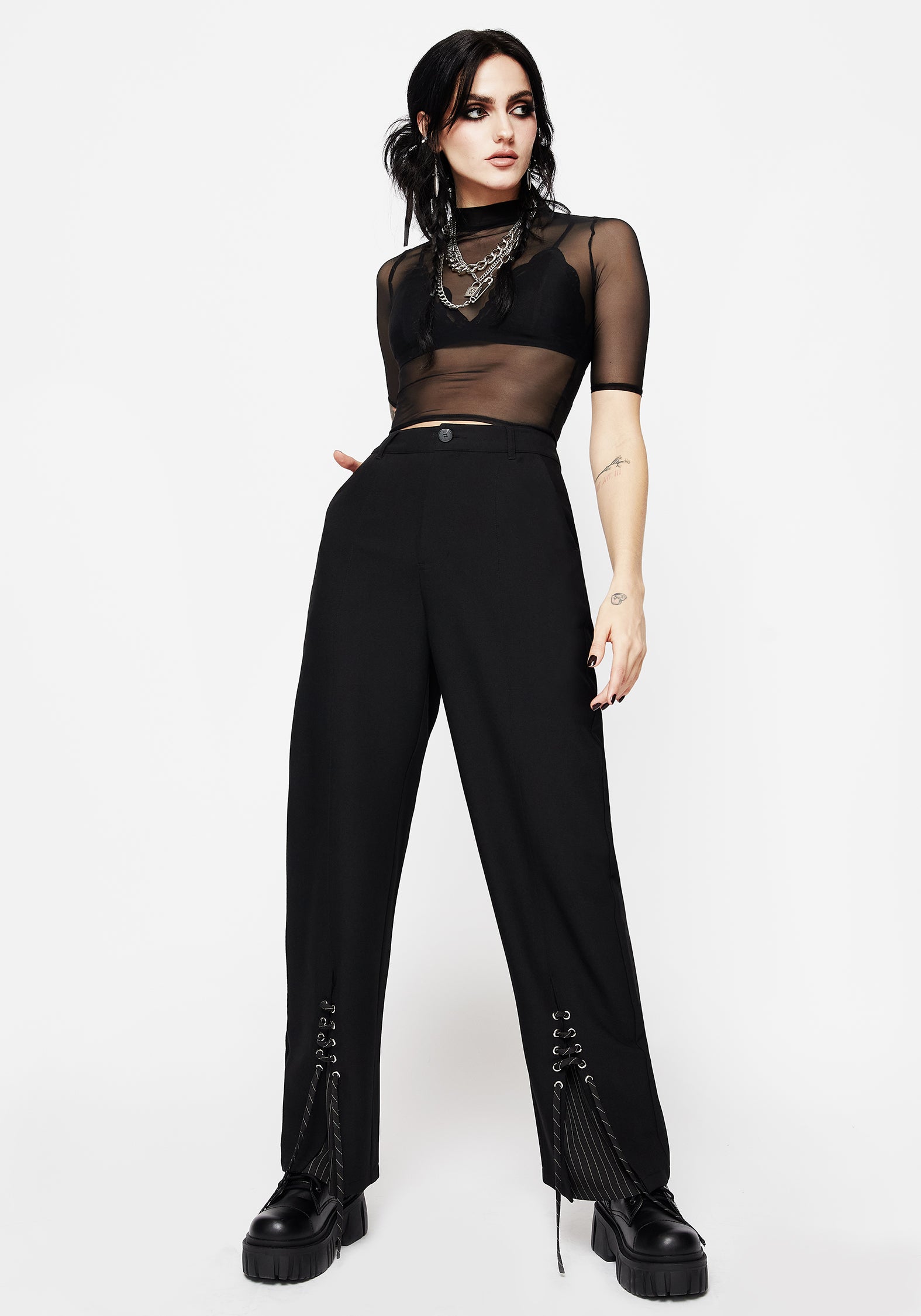 Black Pinstripe Split Flare Trousers | Wide Leg & High-Rise