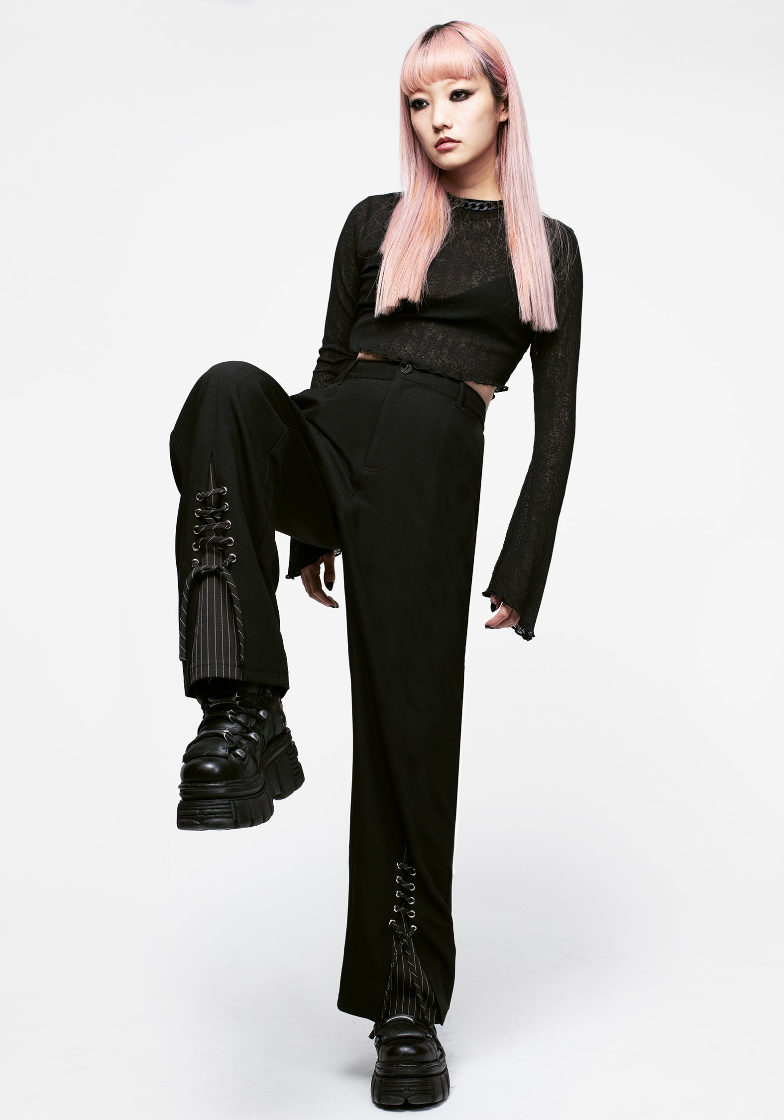 Black Pinstripe Split Flare Trousers | Wide Leg & High-Rise