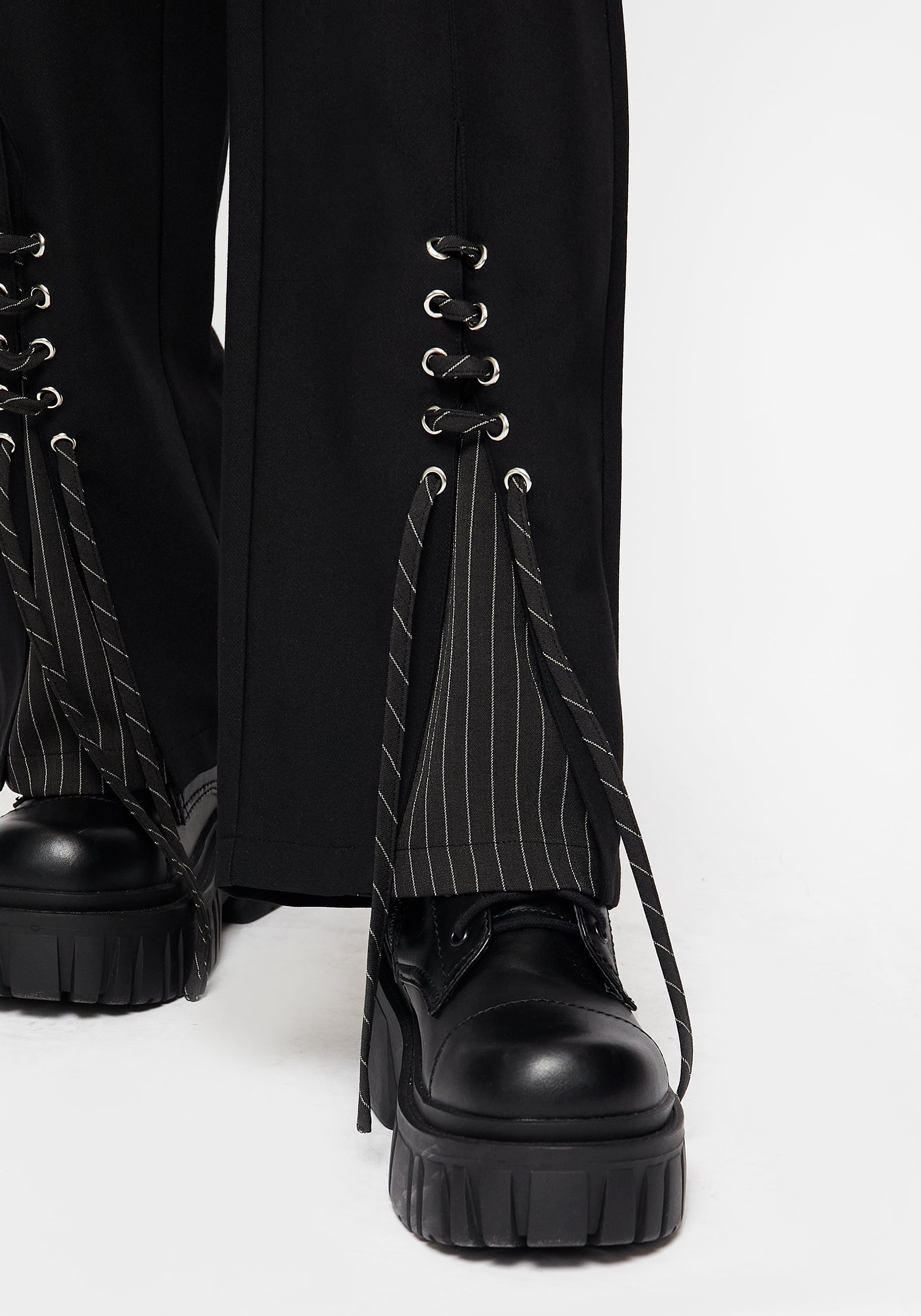 Black Pinstripe Split Flare Trousers | Wide Leg & High-Rise