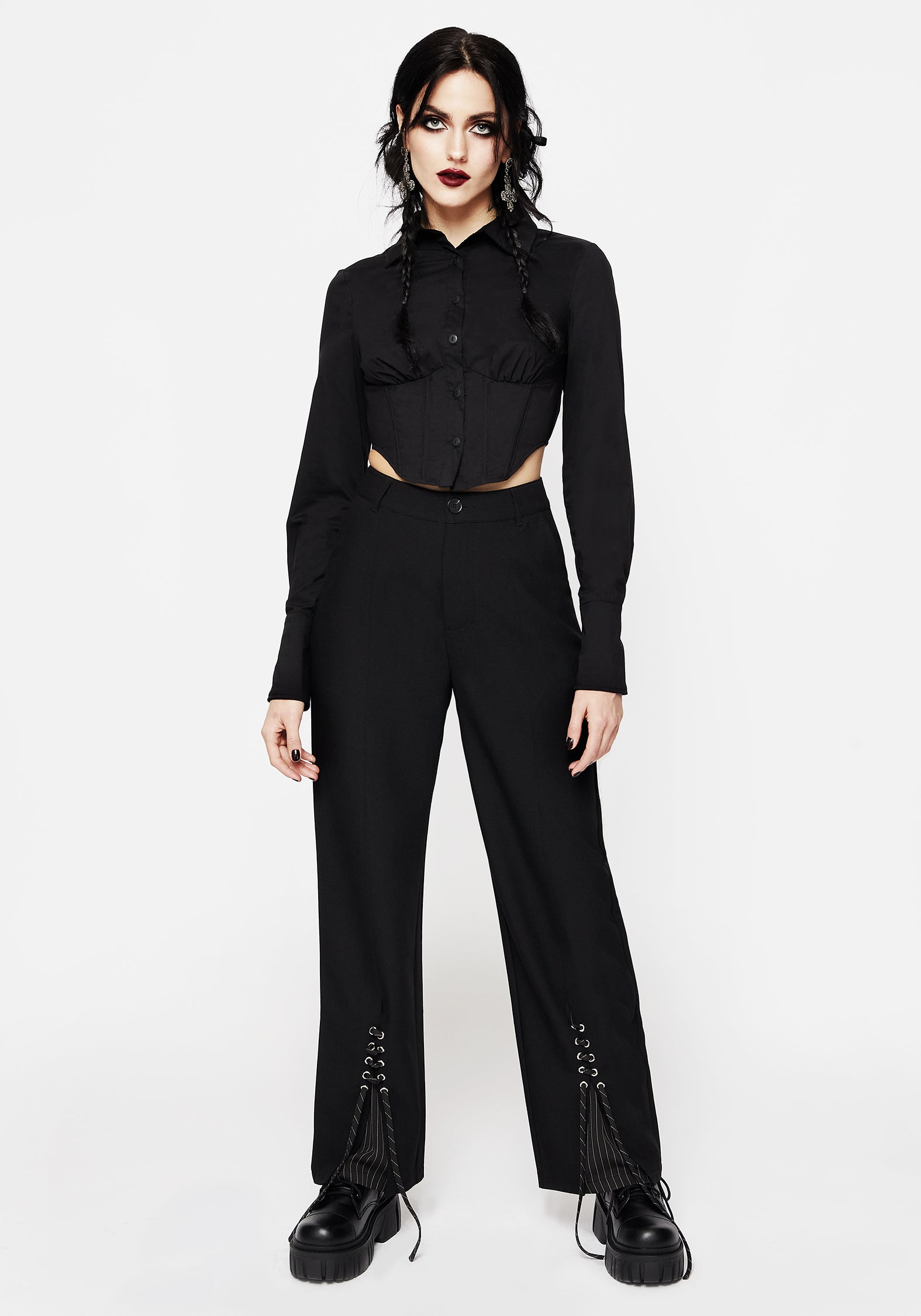 Black Pinstripe Split Flare Trousers | Wide Leg & High-Rise