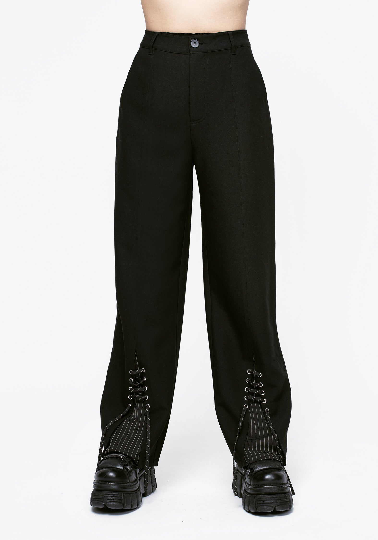 Black Pinstripe Split Flare Trousers | Wide Leg & High-Rise