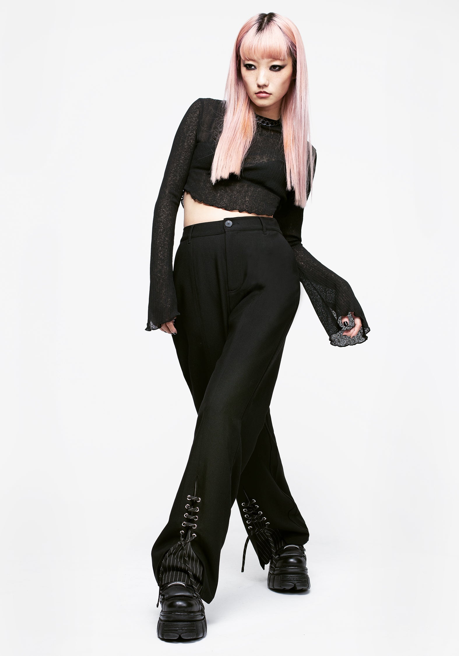 Black Pinstripe Split Flare Trousers | Wide Leg & High-Rise