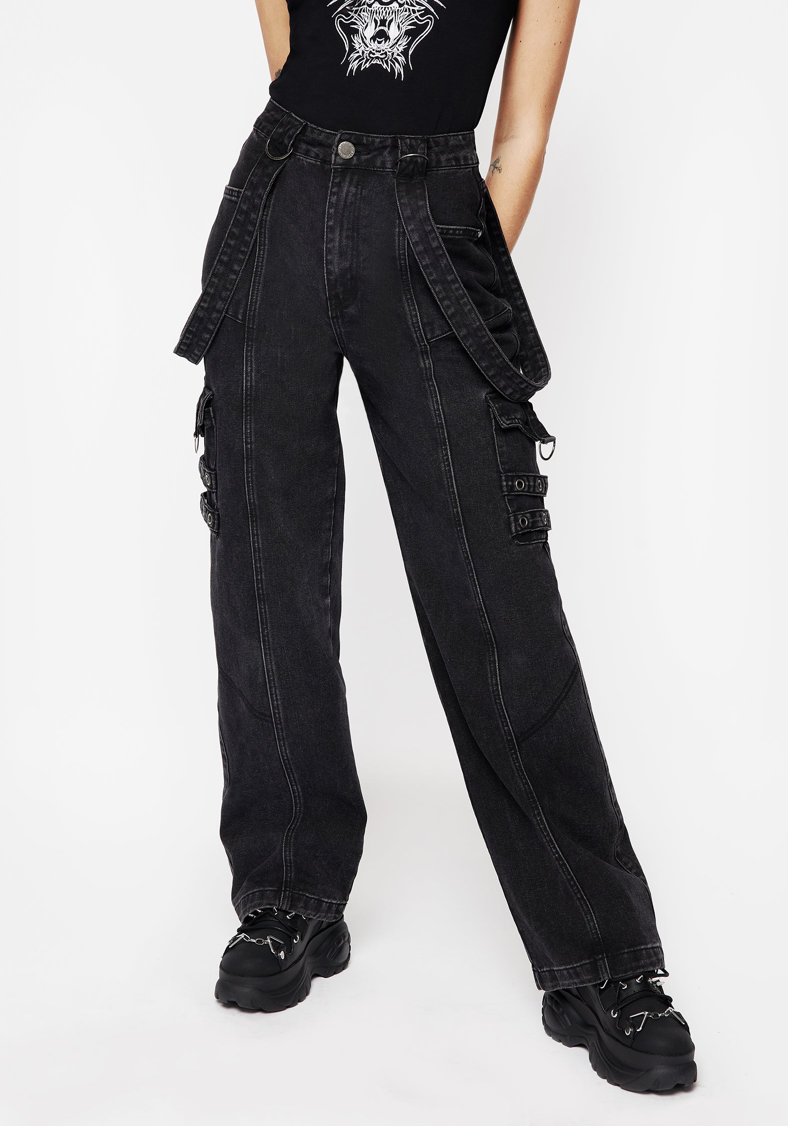 Black Washed Wide Leg Denim Jeans | Skater Style with High-Rise Fit