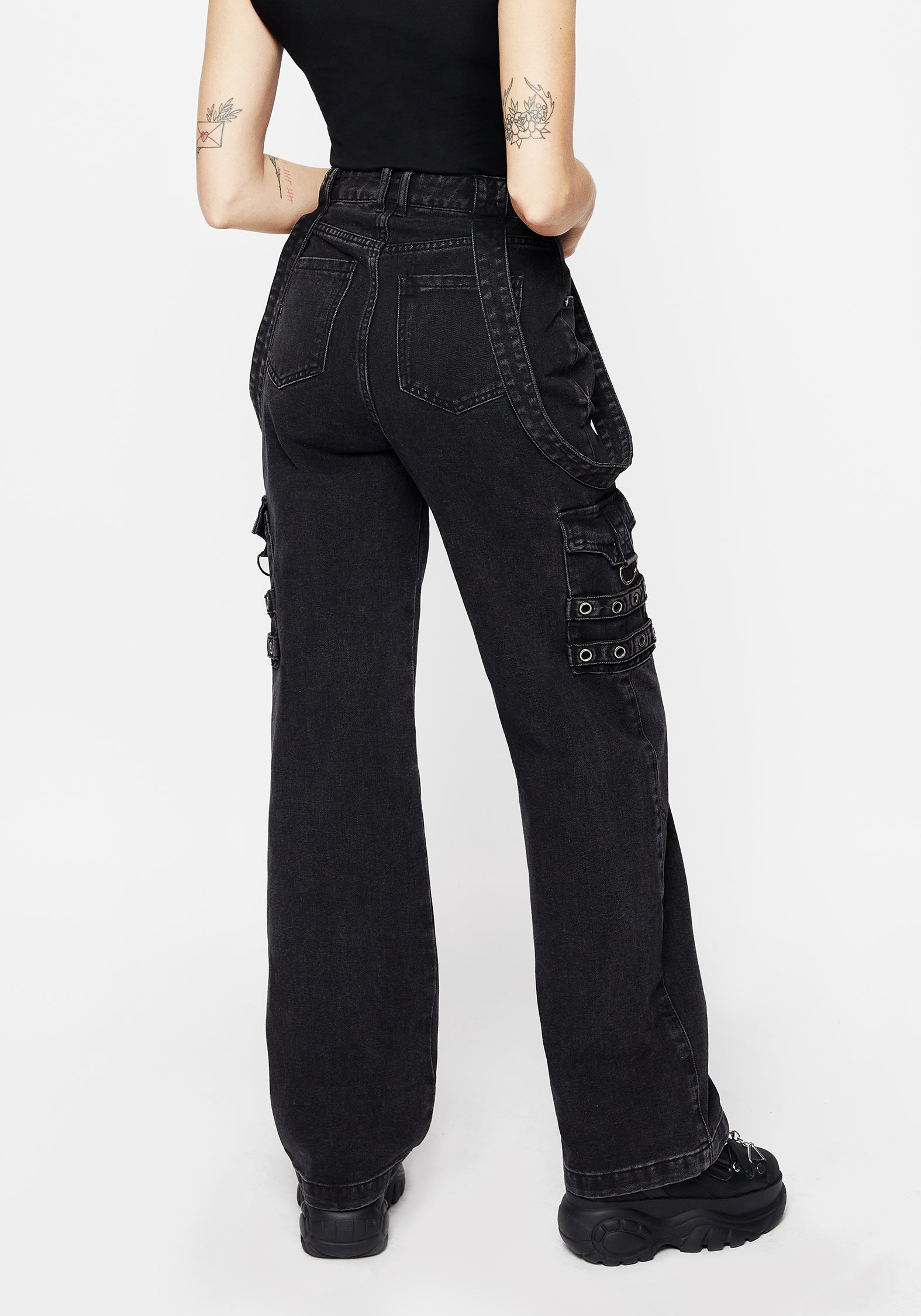 Black Washed Wide Leg Denim Jeans | Skater Style with High-Rise Fit