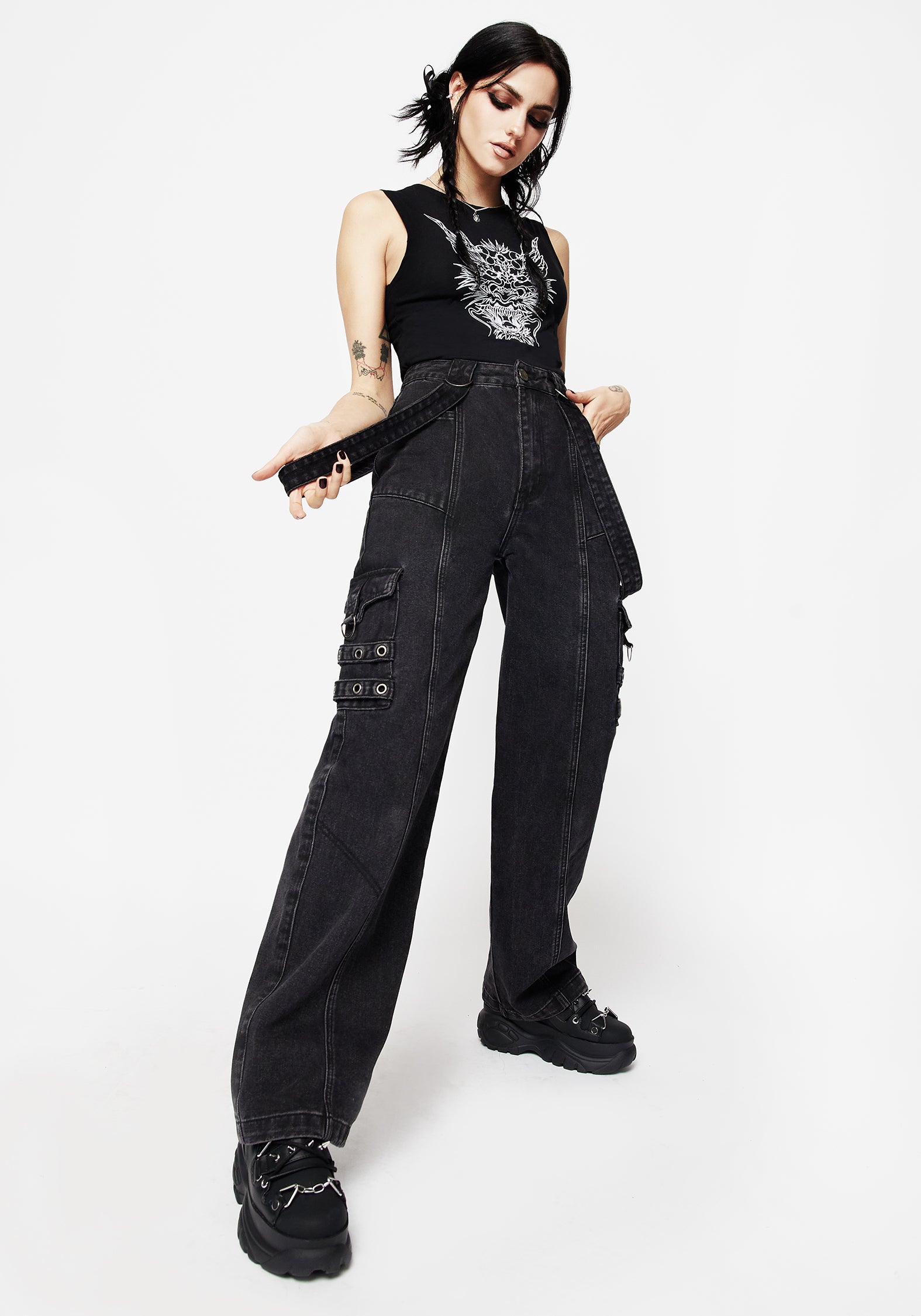Black Washed Wide Leg Denim Jeans | Skater Style with High-Rise Fit