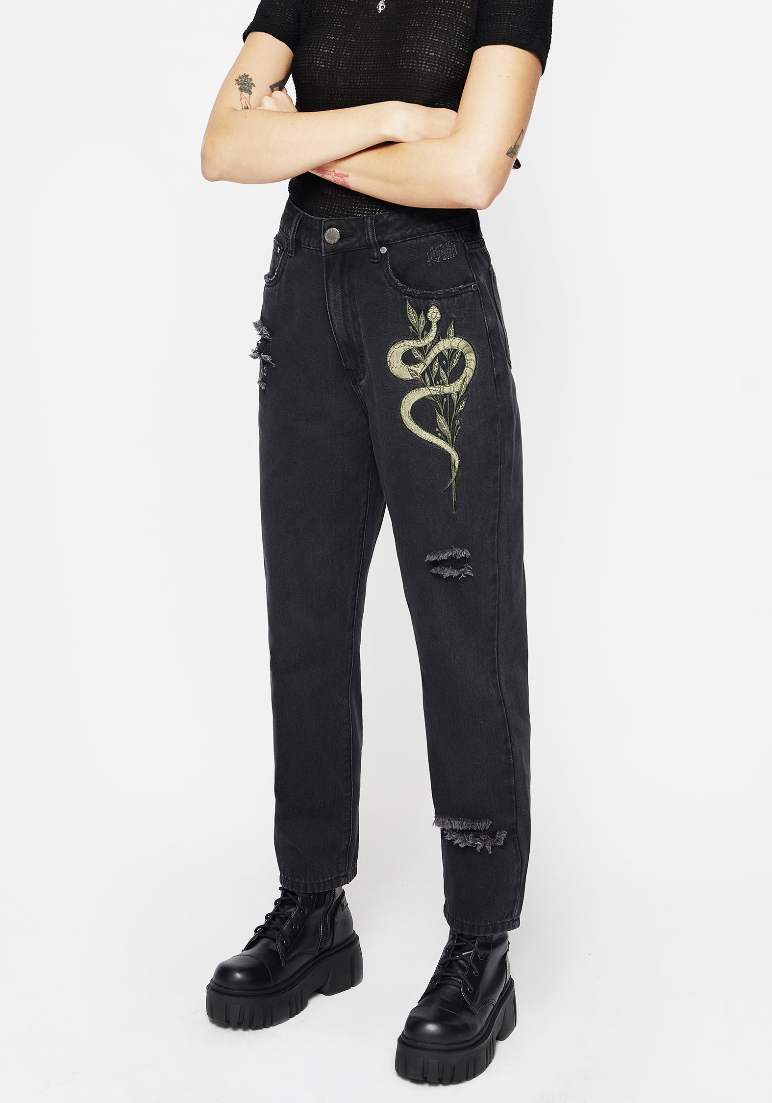 Distressed Embroidered Mom Jeans with Snake Design | Nirah