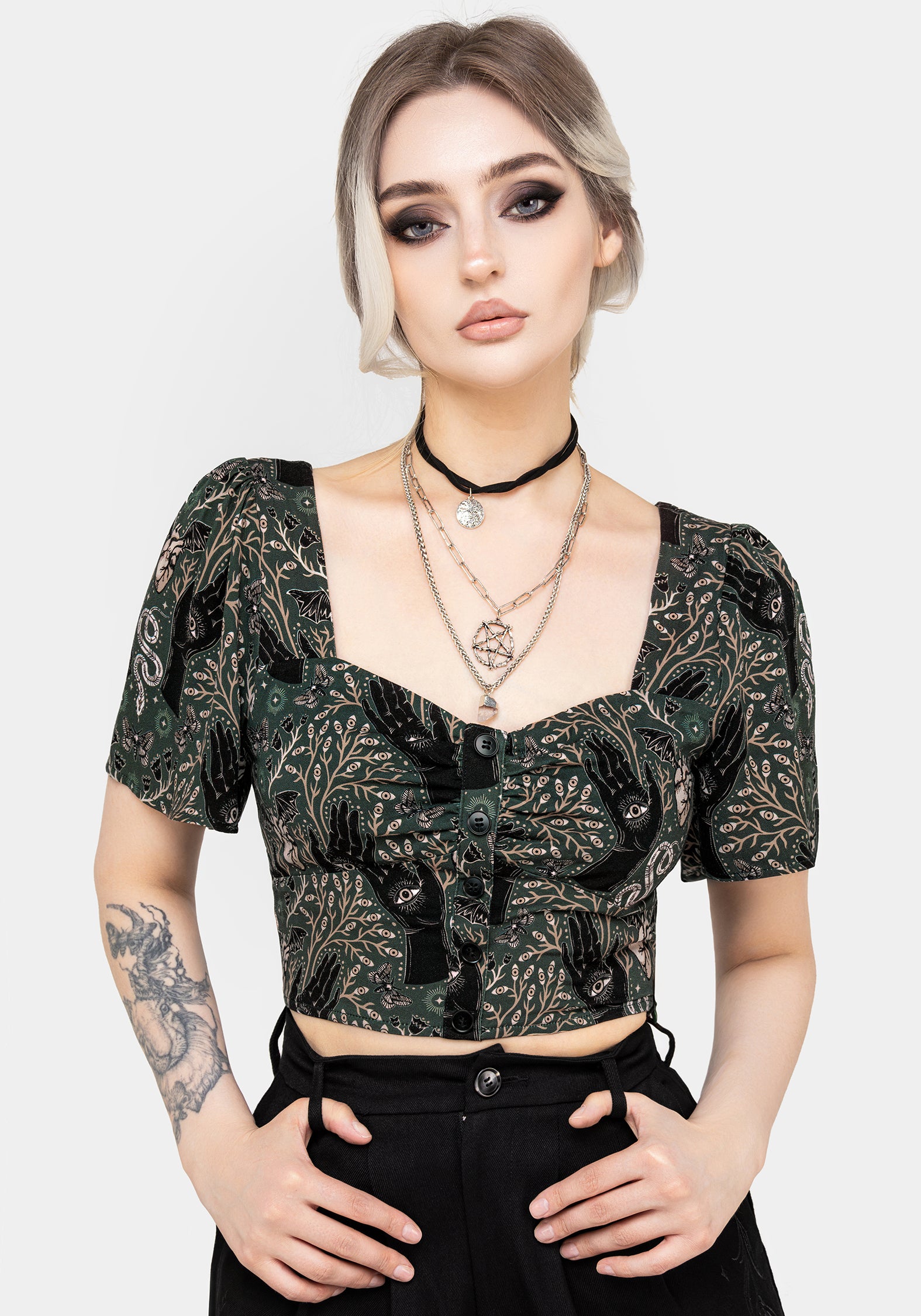 Green Witch Print Button-Up Crop Top | Silky Viscose & Romantic Fit