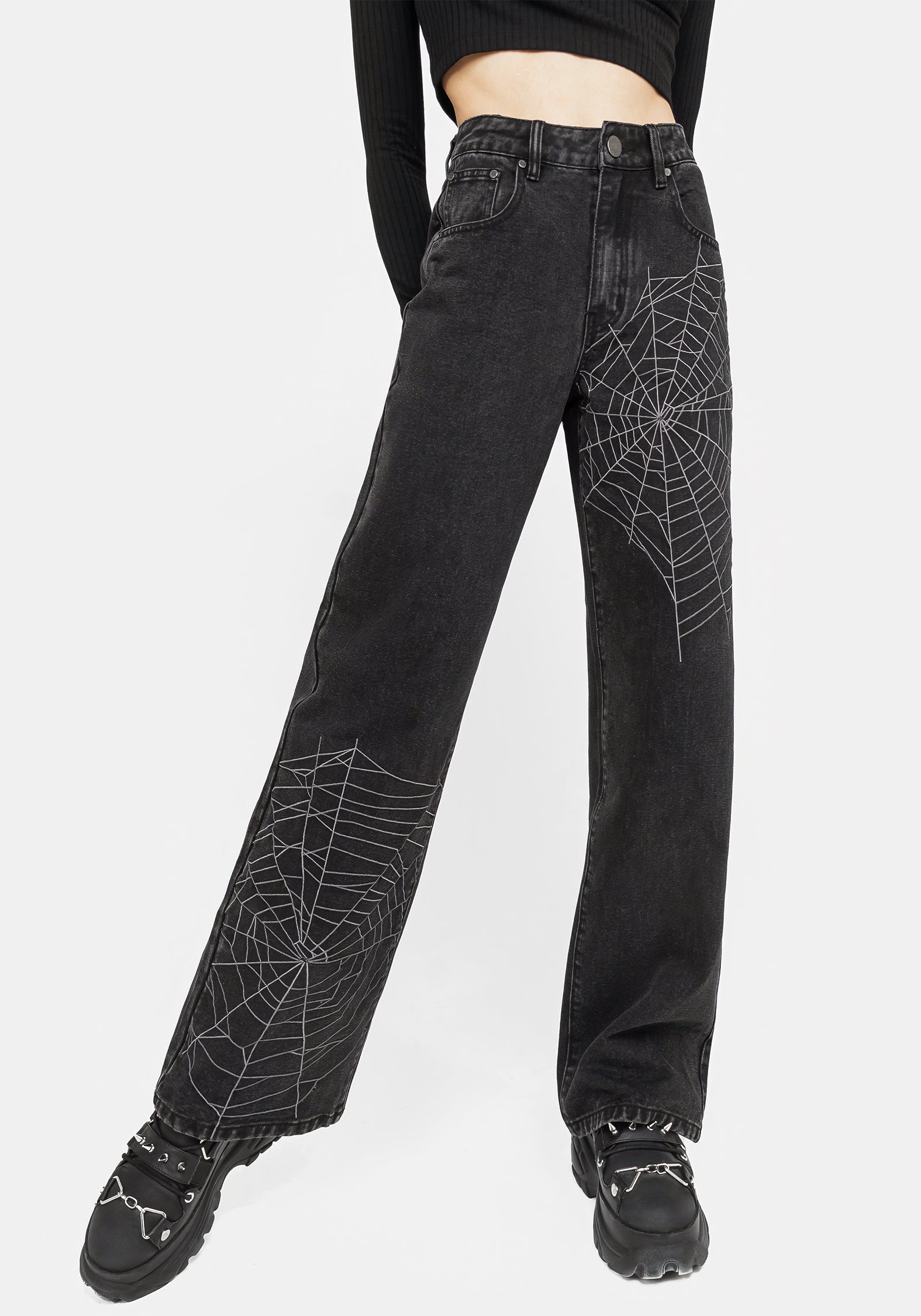 Black Embroidered Wide Leg Jeans for Women | Tarantism