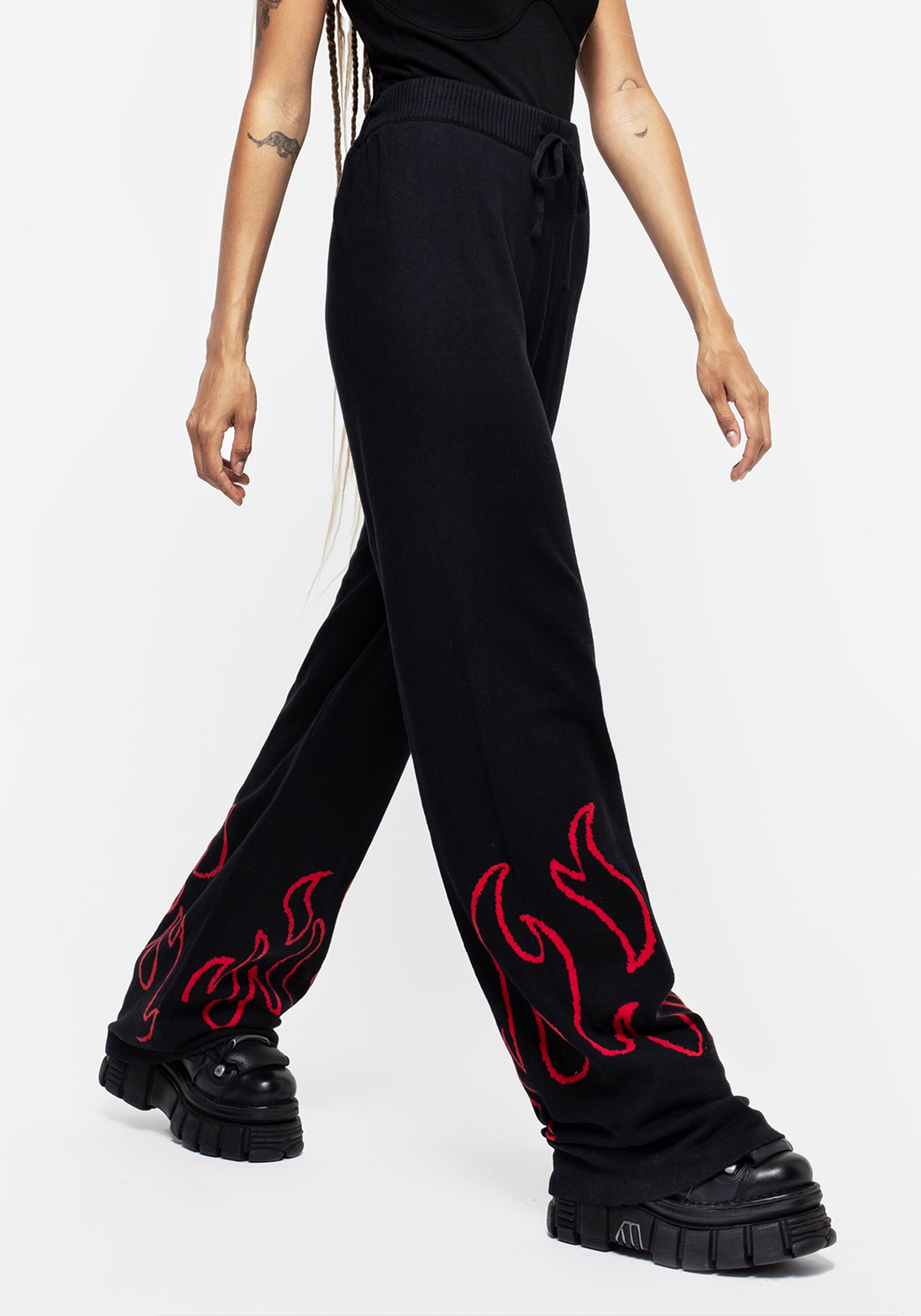 Flame Print Wide Leg Knit Sweatpants with High-Rise Waist | Blaze