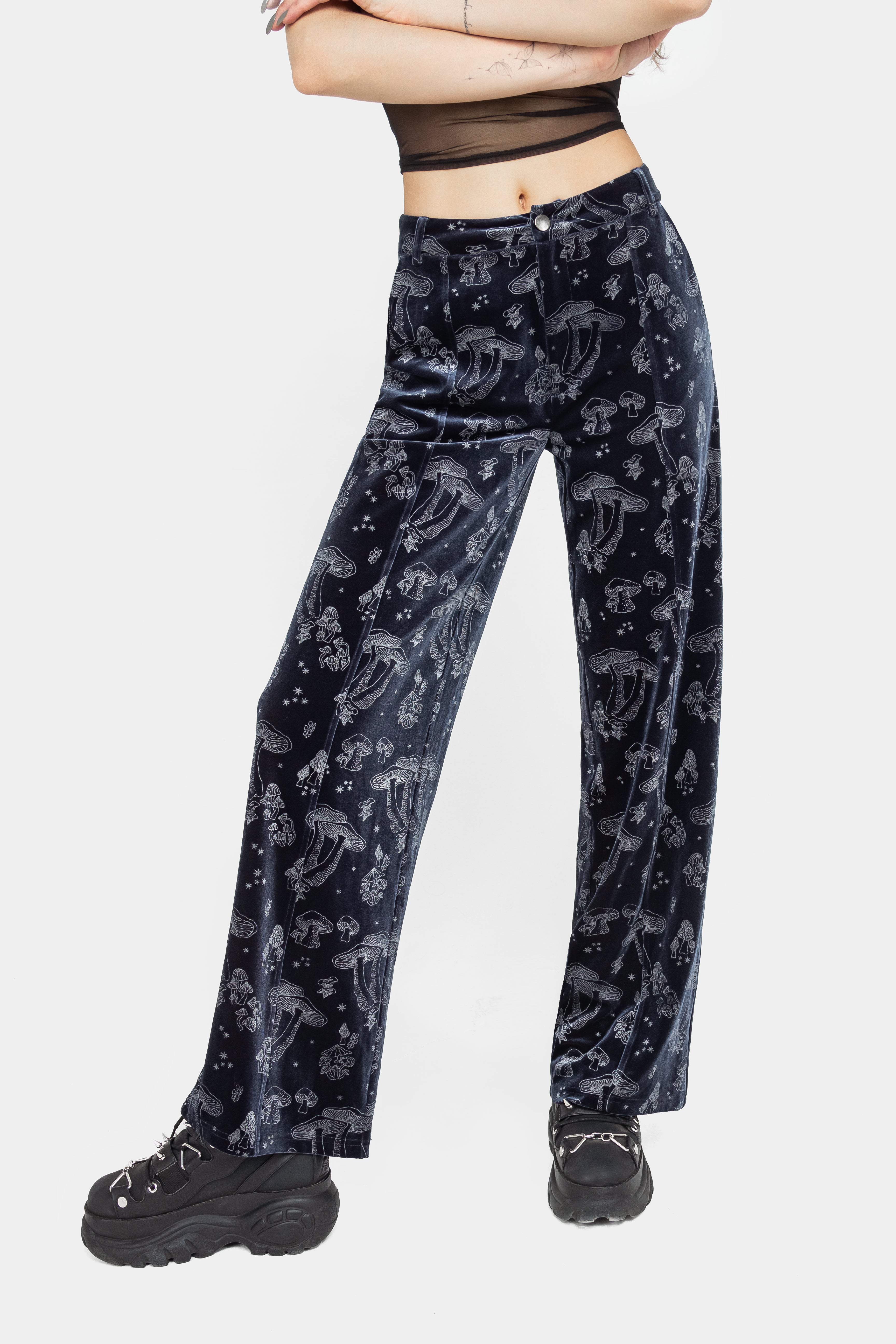 Blue Velour Wide Leg Trousers with Silver Foil Mushroom Print | Faefire