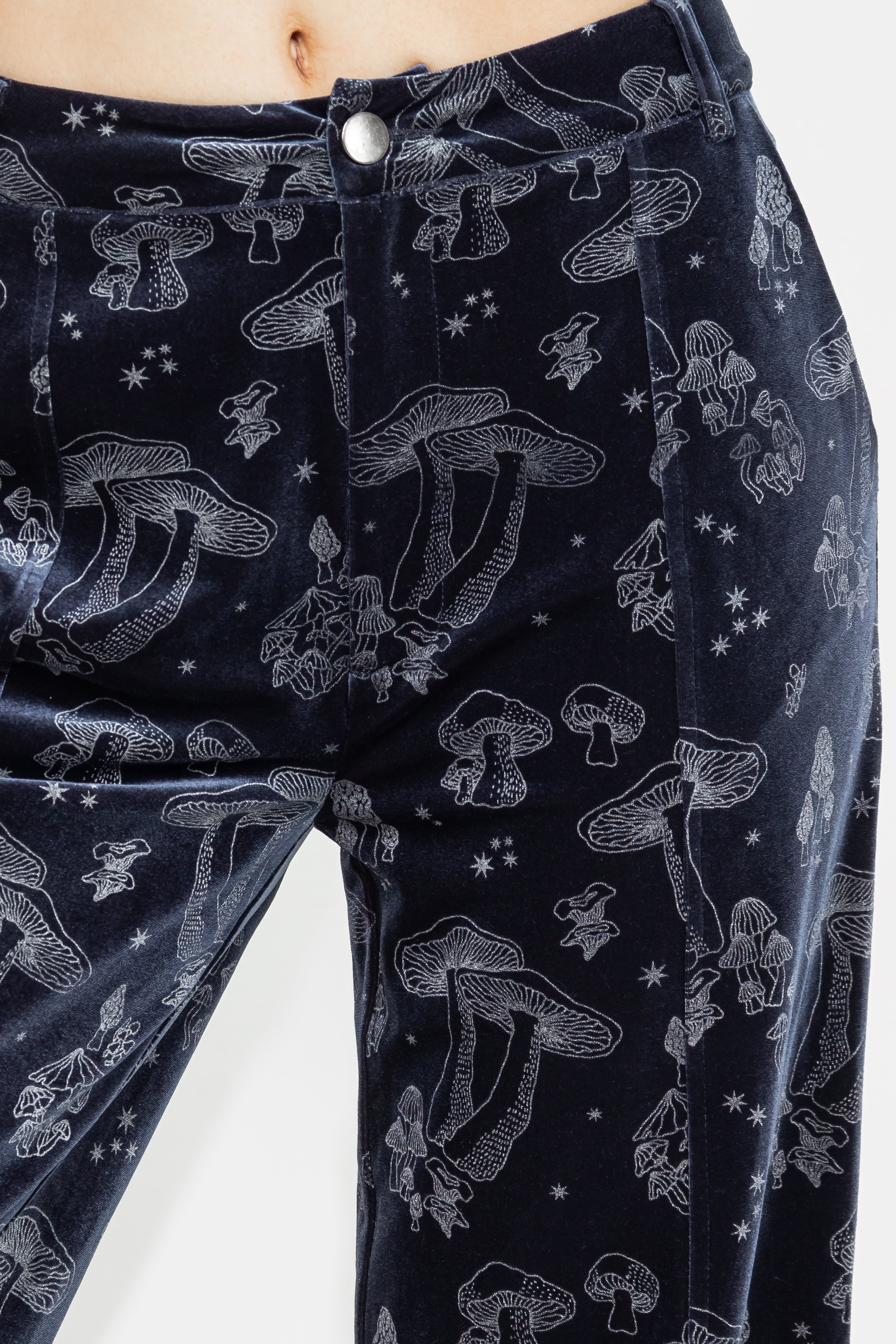 Blue Velour Wide Leg Trousers with Silver Foil Mushroom Print | Faefire