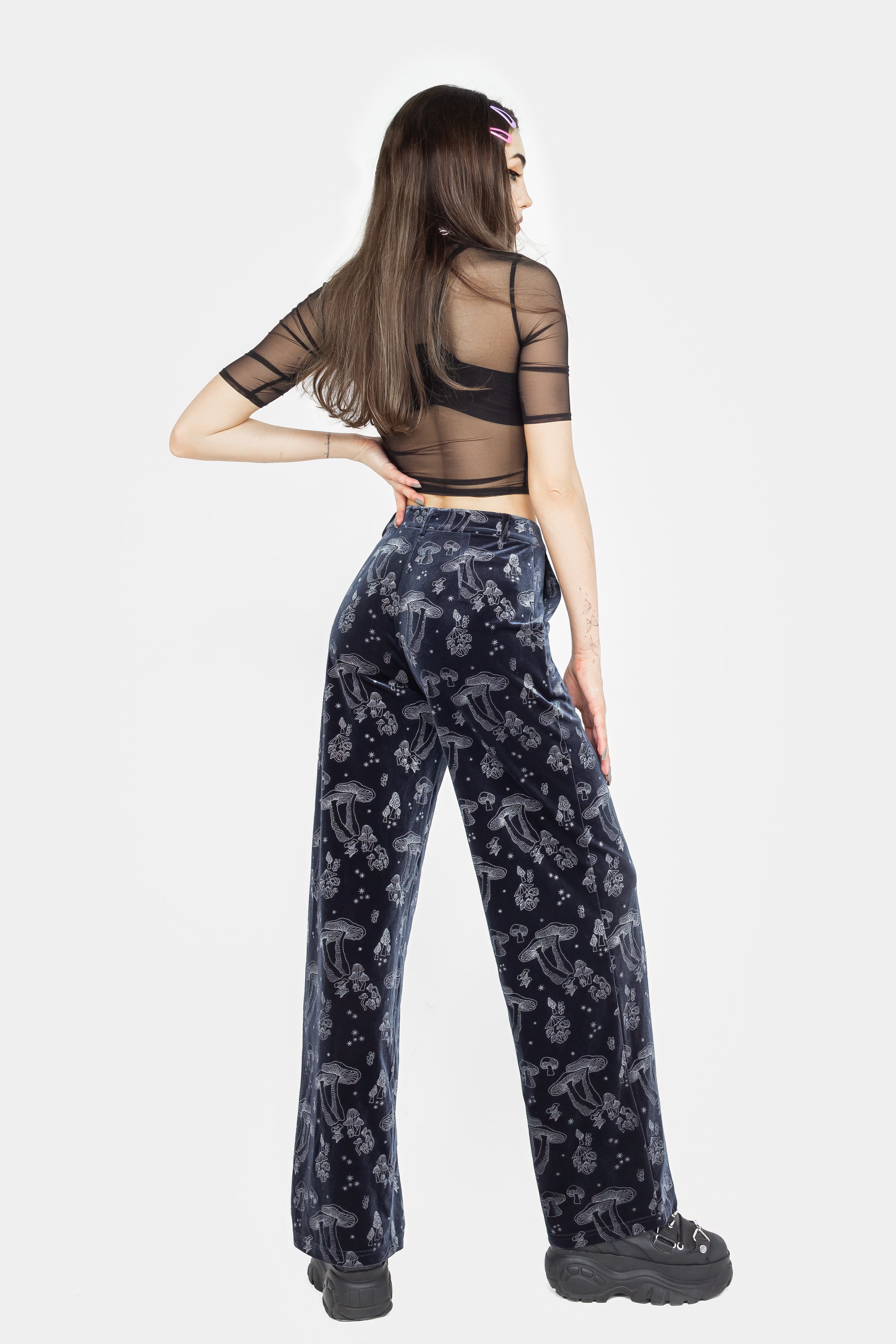 Blue Velour Wide Leg Trousers with Silver Foil Mushroom Print | Faefire