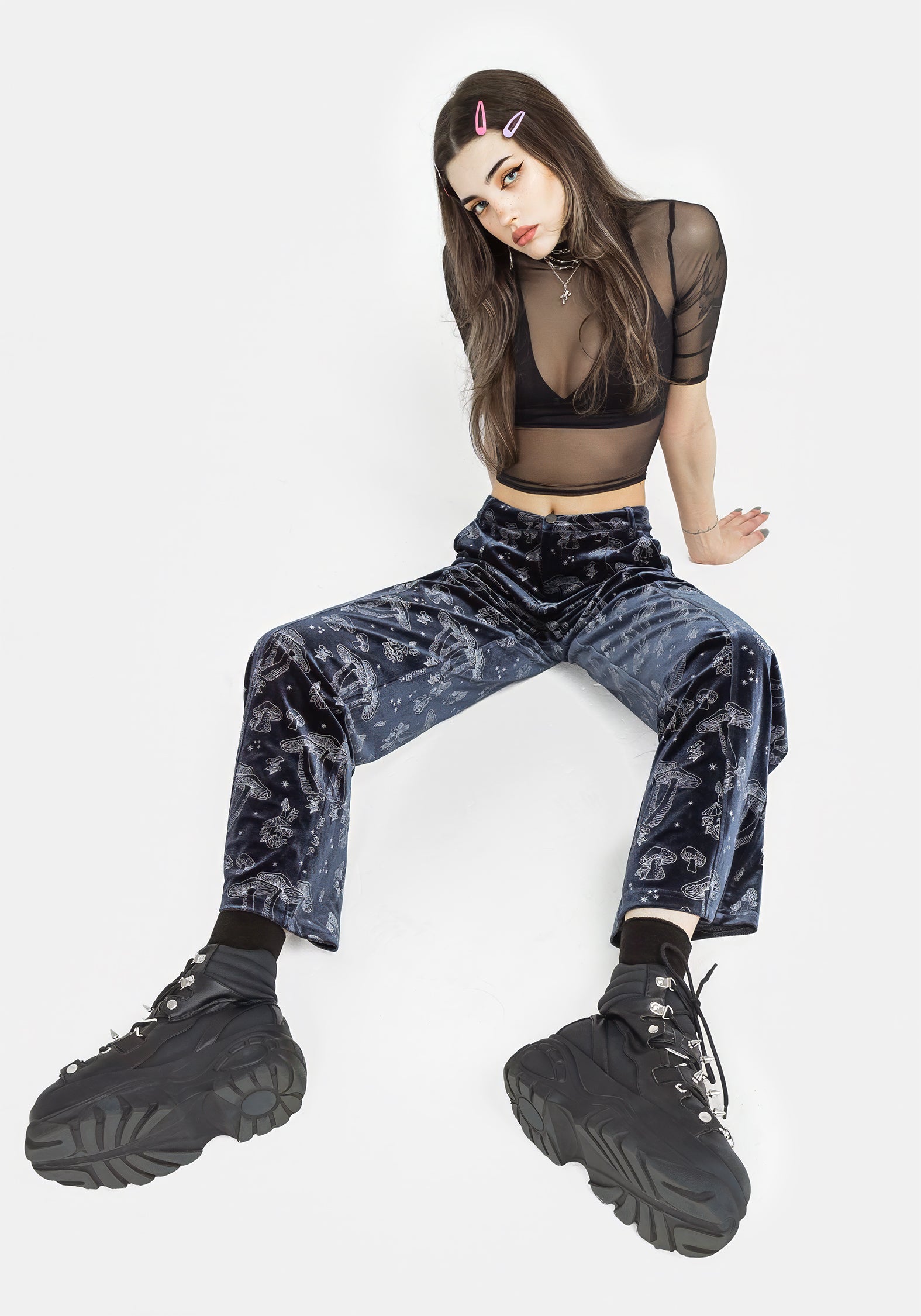 Blue Velour Wide Leg Trousers with Silver Foil Mushroom Print | Faefire