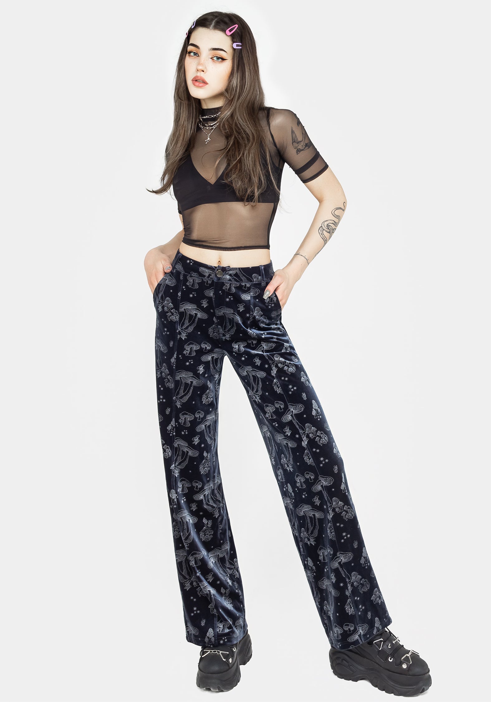 Blue Velour Wide Leg Trousers with Silver Foil Mushroom Print | Faefire