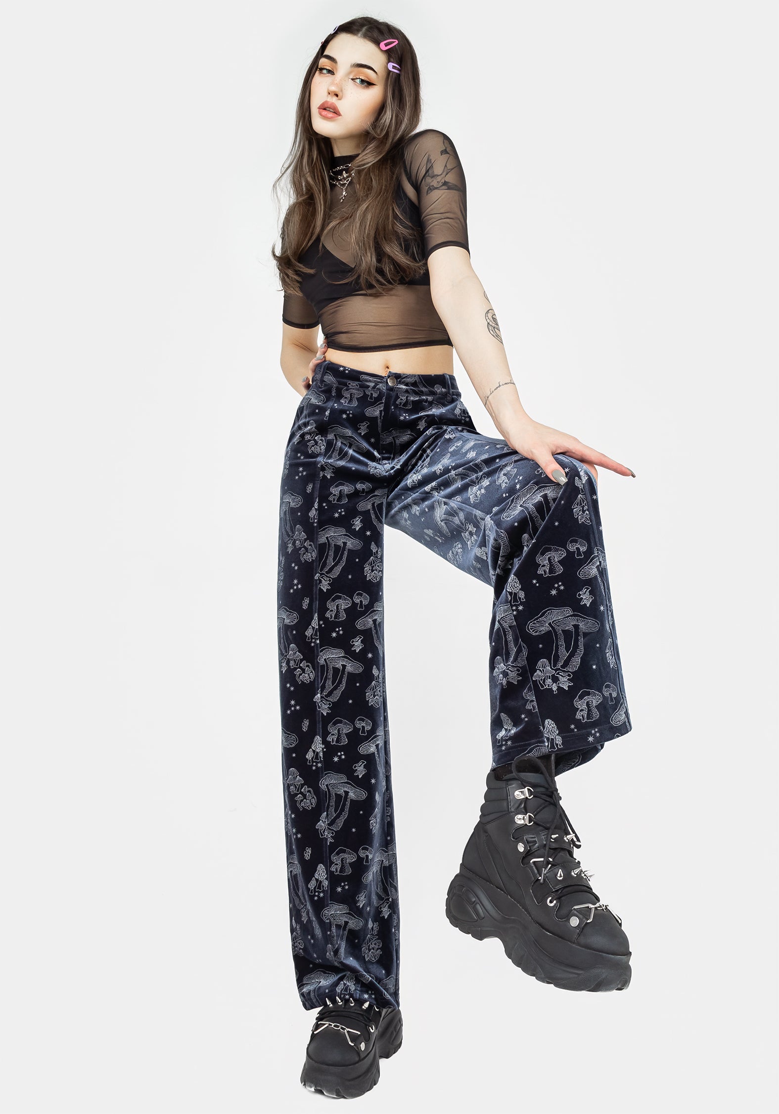 Blue Velour Wide Leg Trousers with Silver Foil Mushroom Print | Faefire