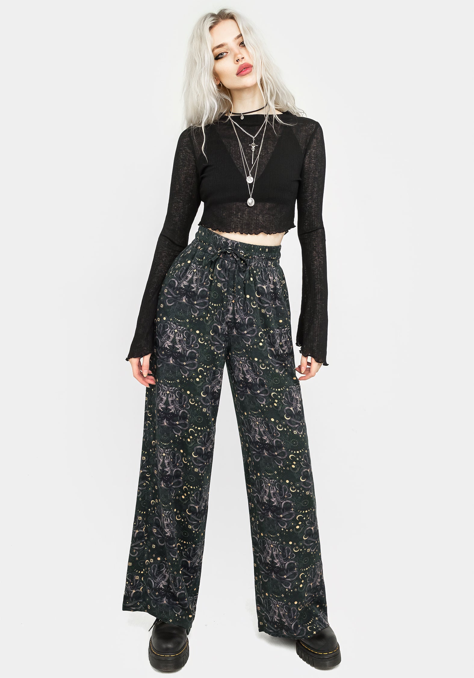 Black Witch Print Wide Leg Trousers with Elastic Waistband | Cailleach