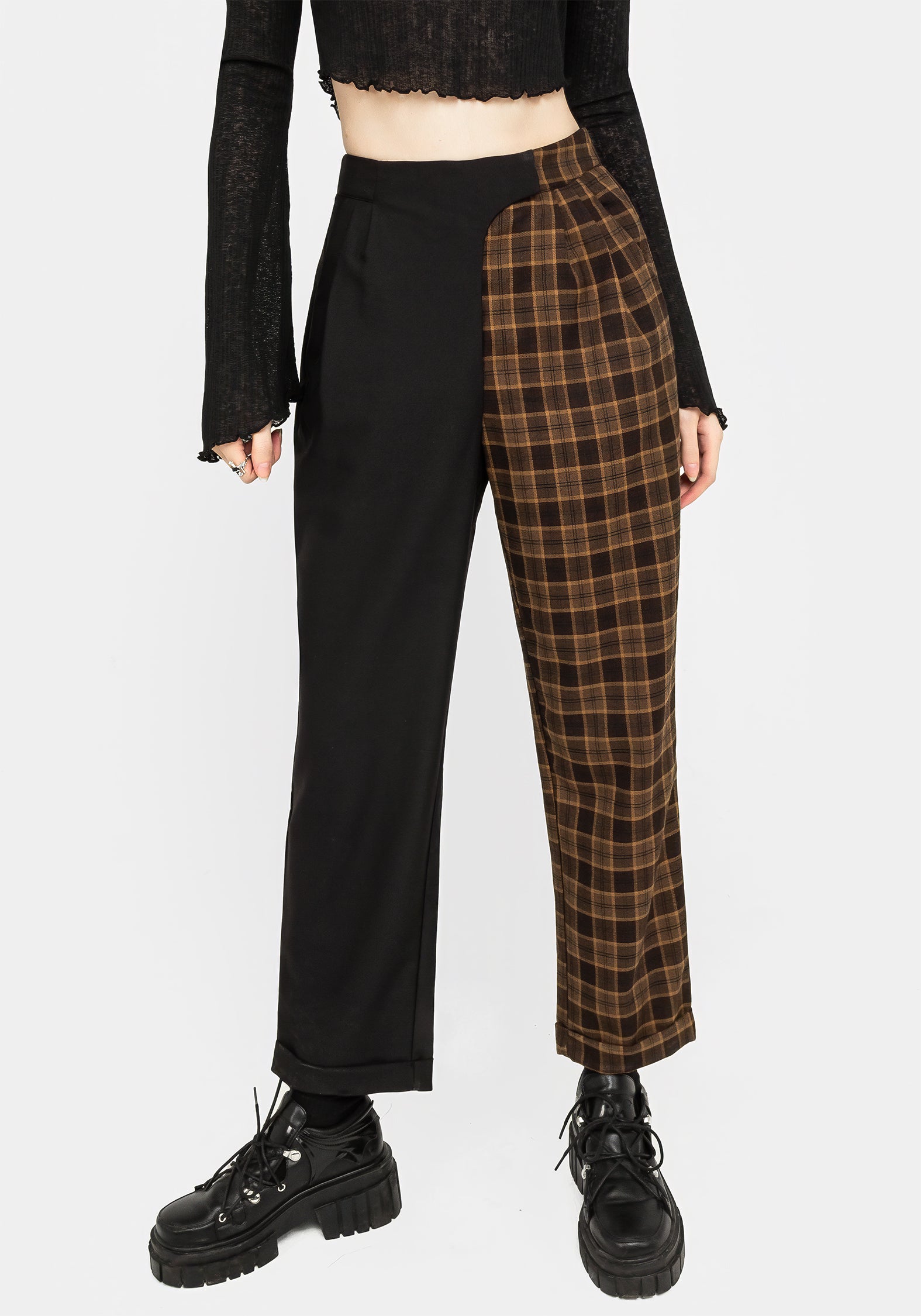 Black & Brown Check Tailored Trousers | High-Rise Tapered Fit