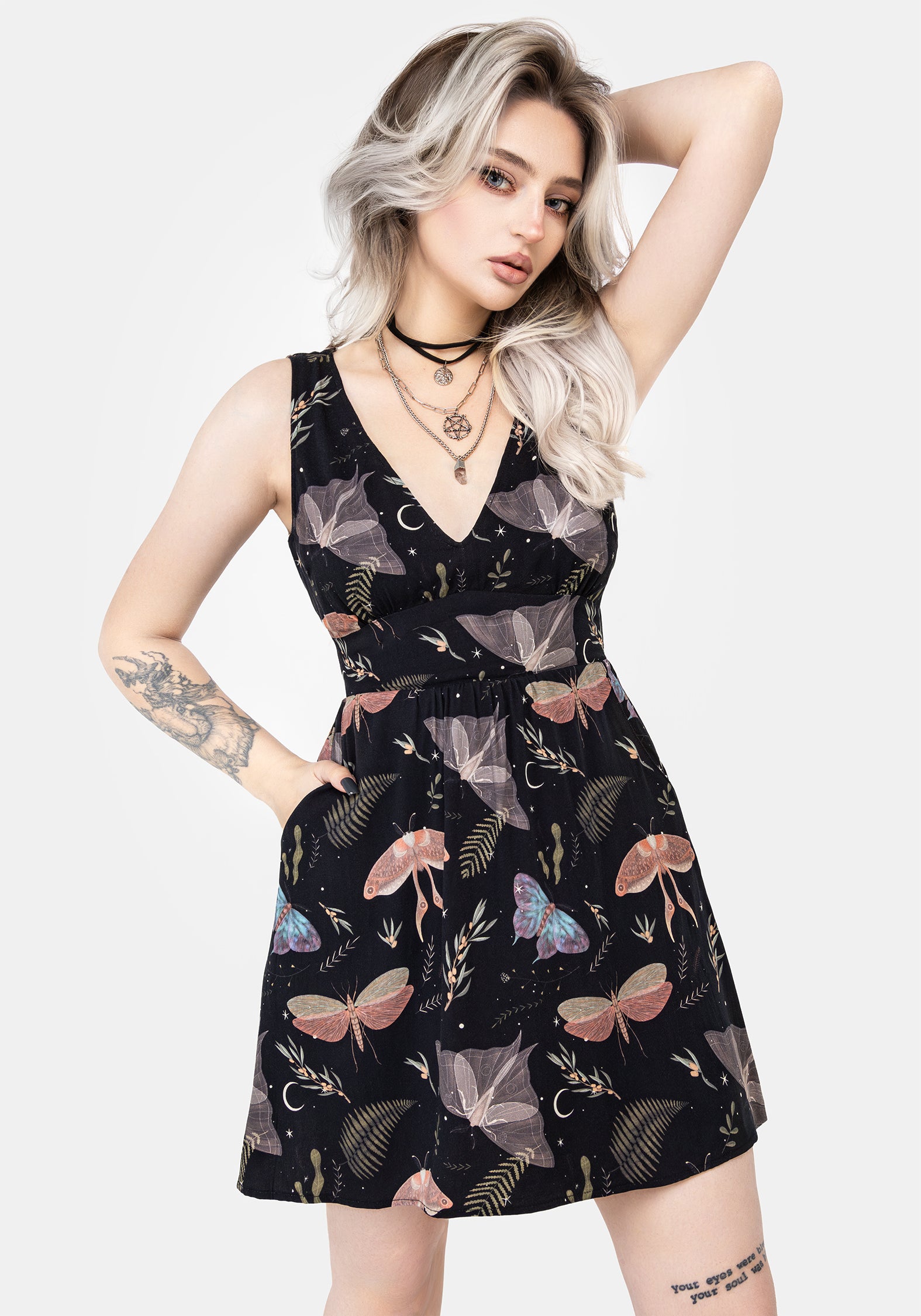 Black Moth & Fern Print Corset Mini Dress with Pockets | Nightmoth