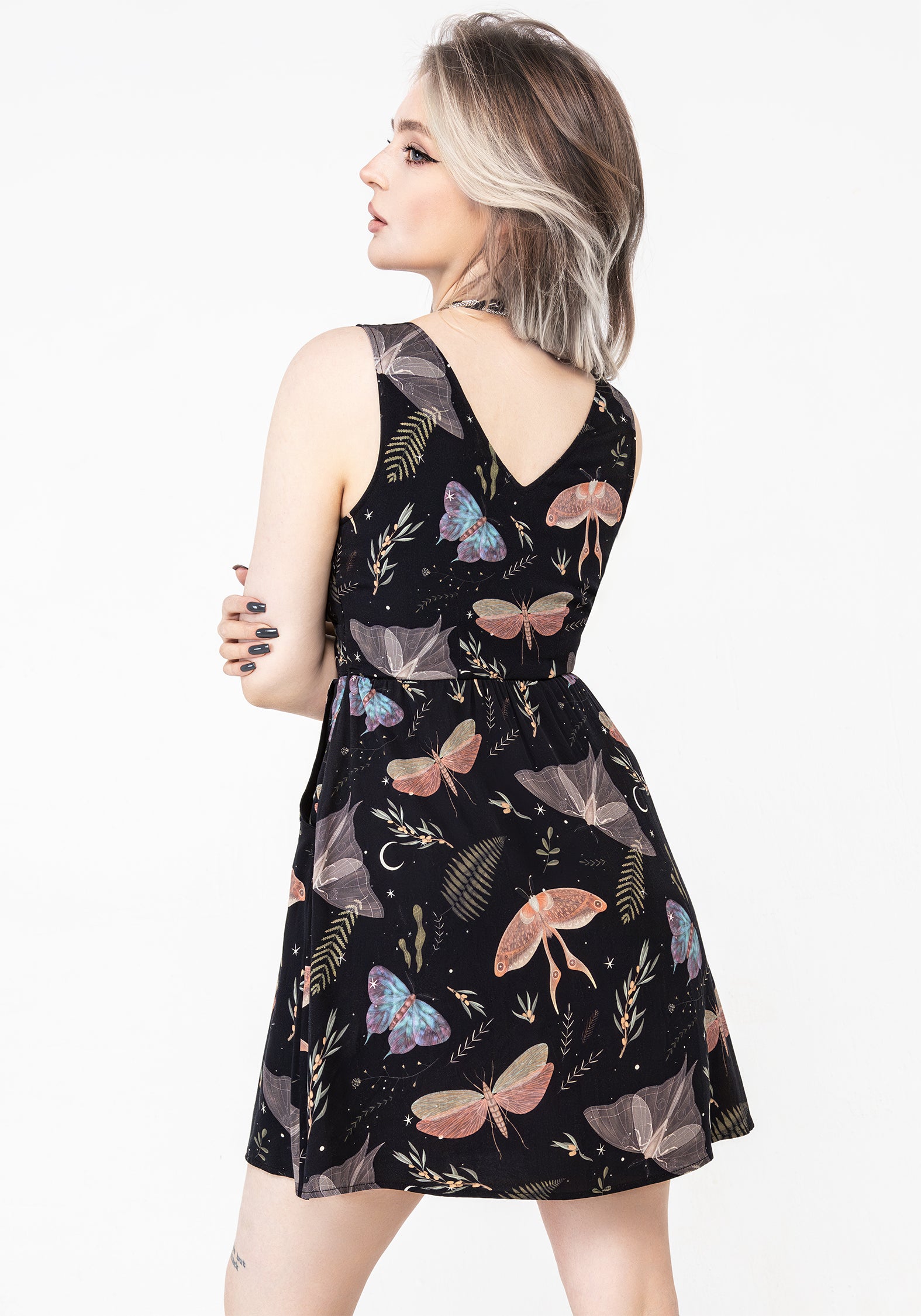 Black Moth & Fern Print Corset Mini Dress with Pockets | Nightmoth