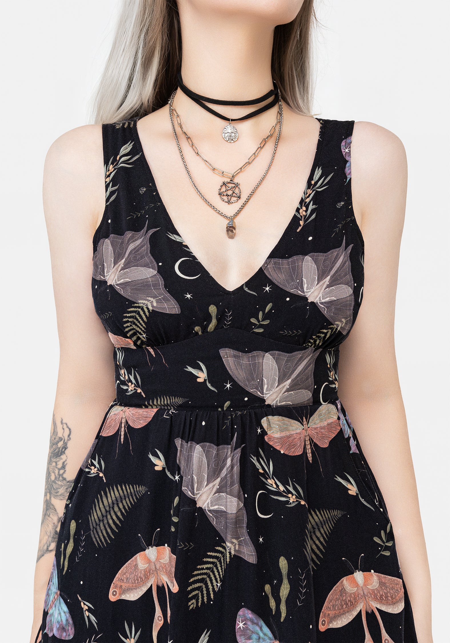 Black Moth & Fern Print Corset Mini Dress with Pockets | Nightmoth