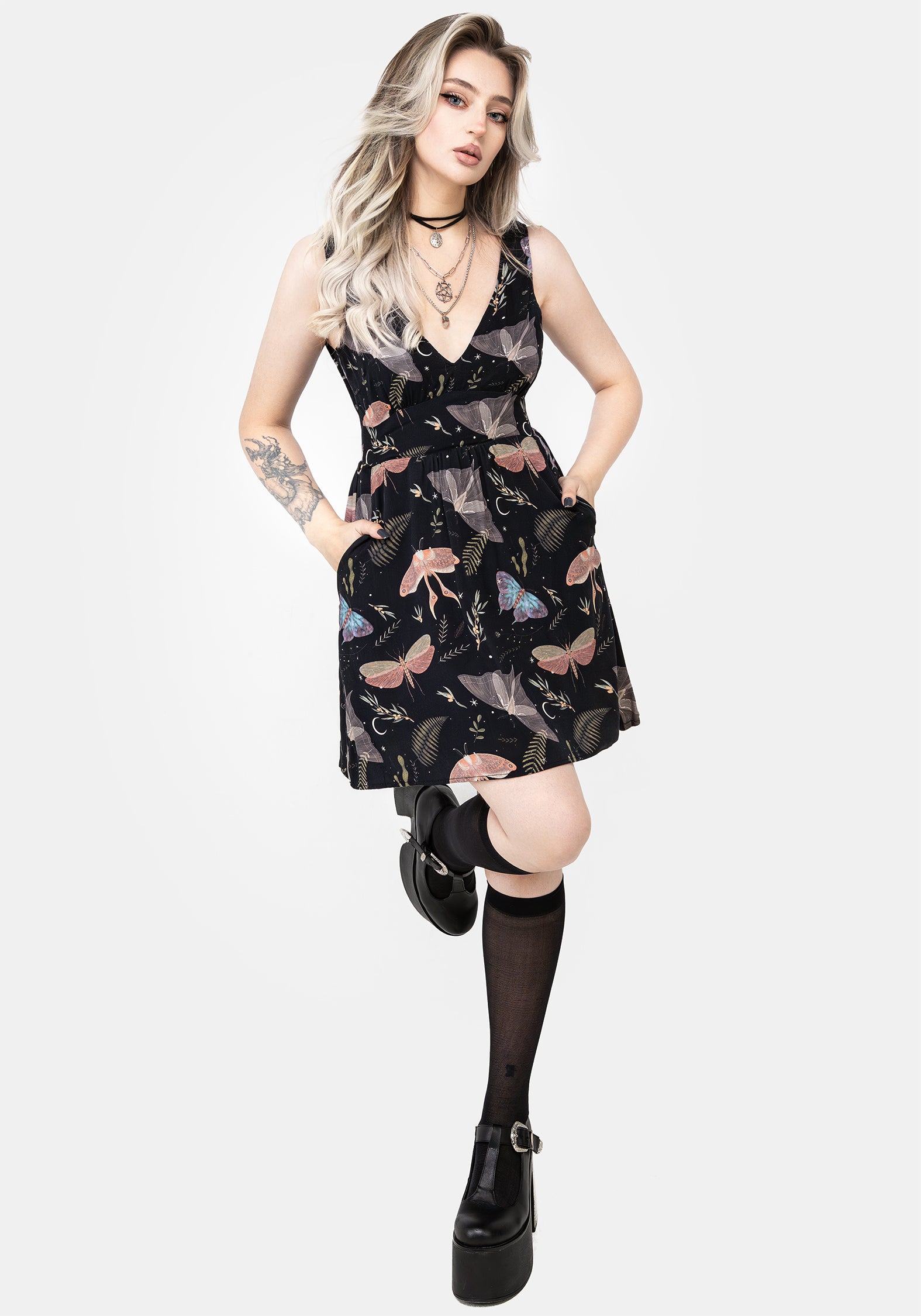 Black Moth & Fern Print Corset Mini Dress with Pockets | Nightmoth