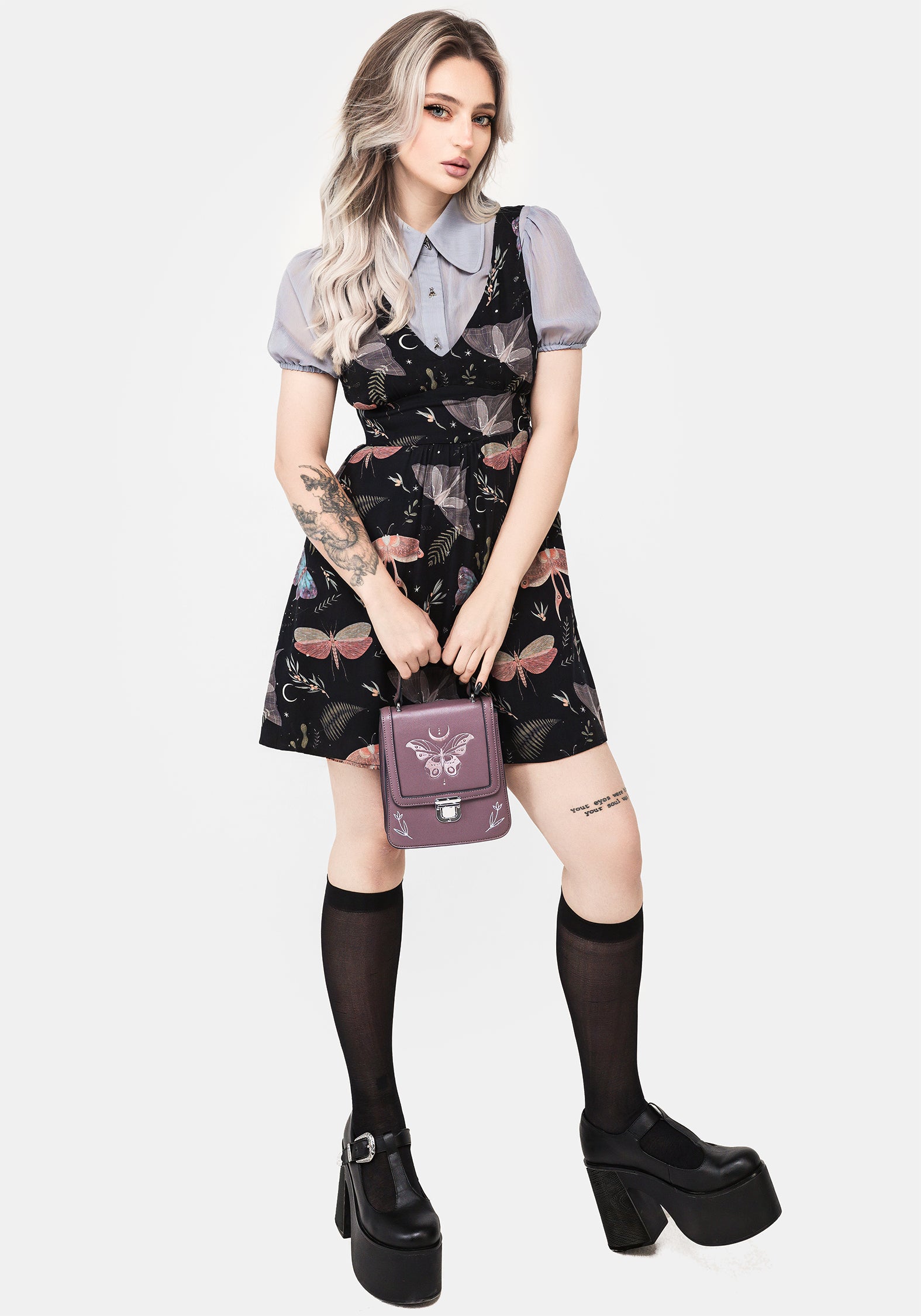 Black Moth & Fern Print Corset Mini Dress with Pockets | Nightmoth