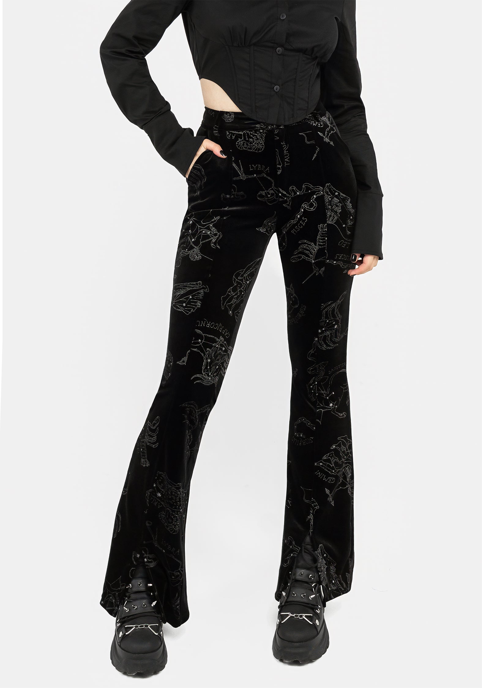 Black Velour Zodiac Print Flare Trousers with Ankle Split | Slim Fit High Waist
