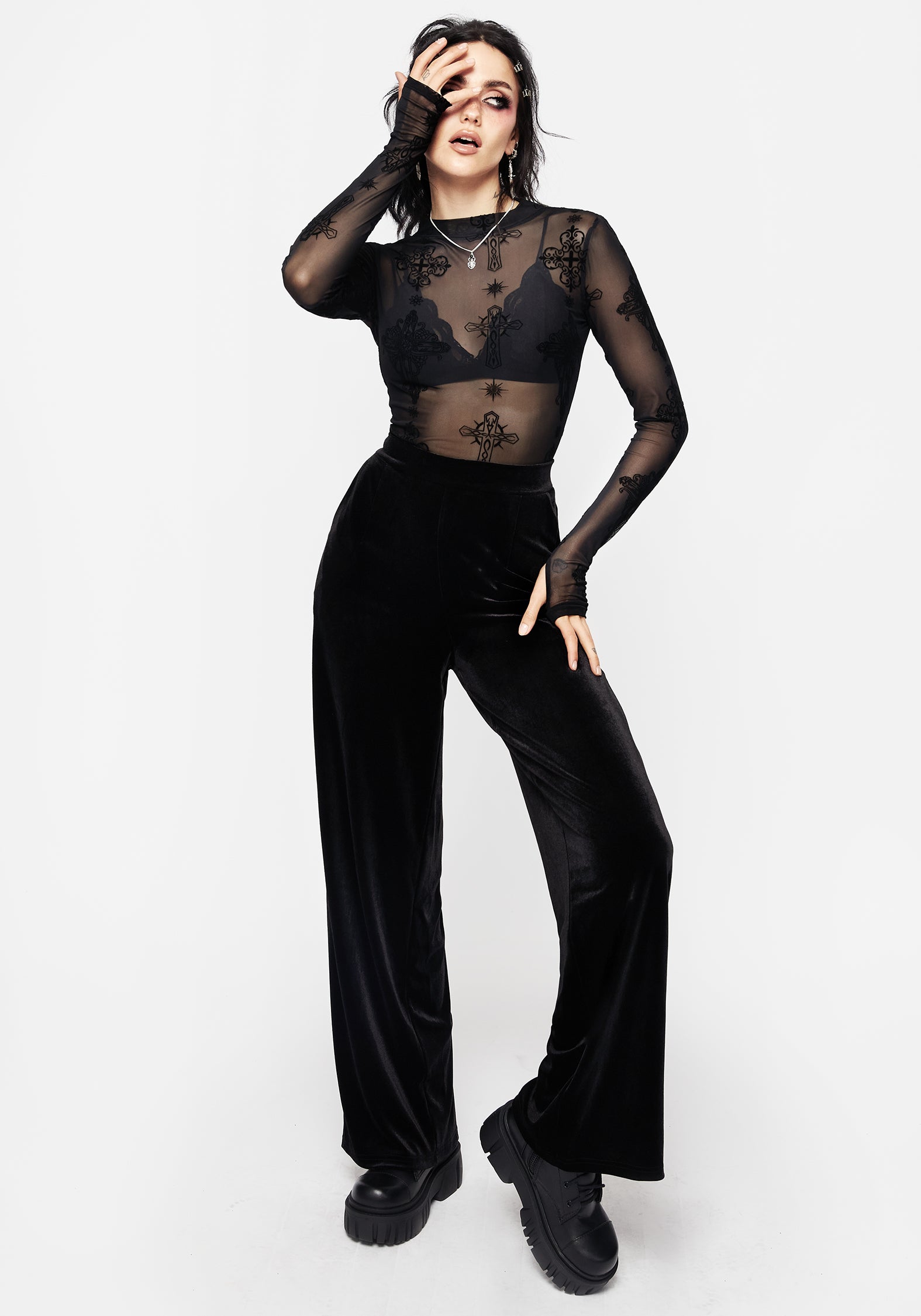 Black Velour Wide Leg Trousers with Pockets | Valeria