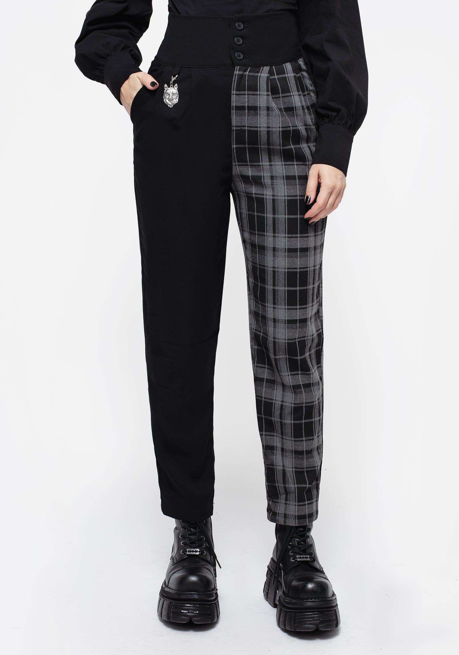 High Waisted Check Tapered Trousers with Wolf Charm | Fenrir