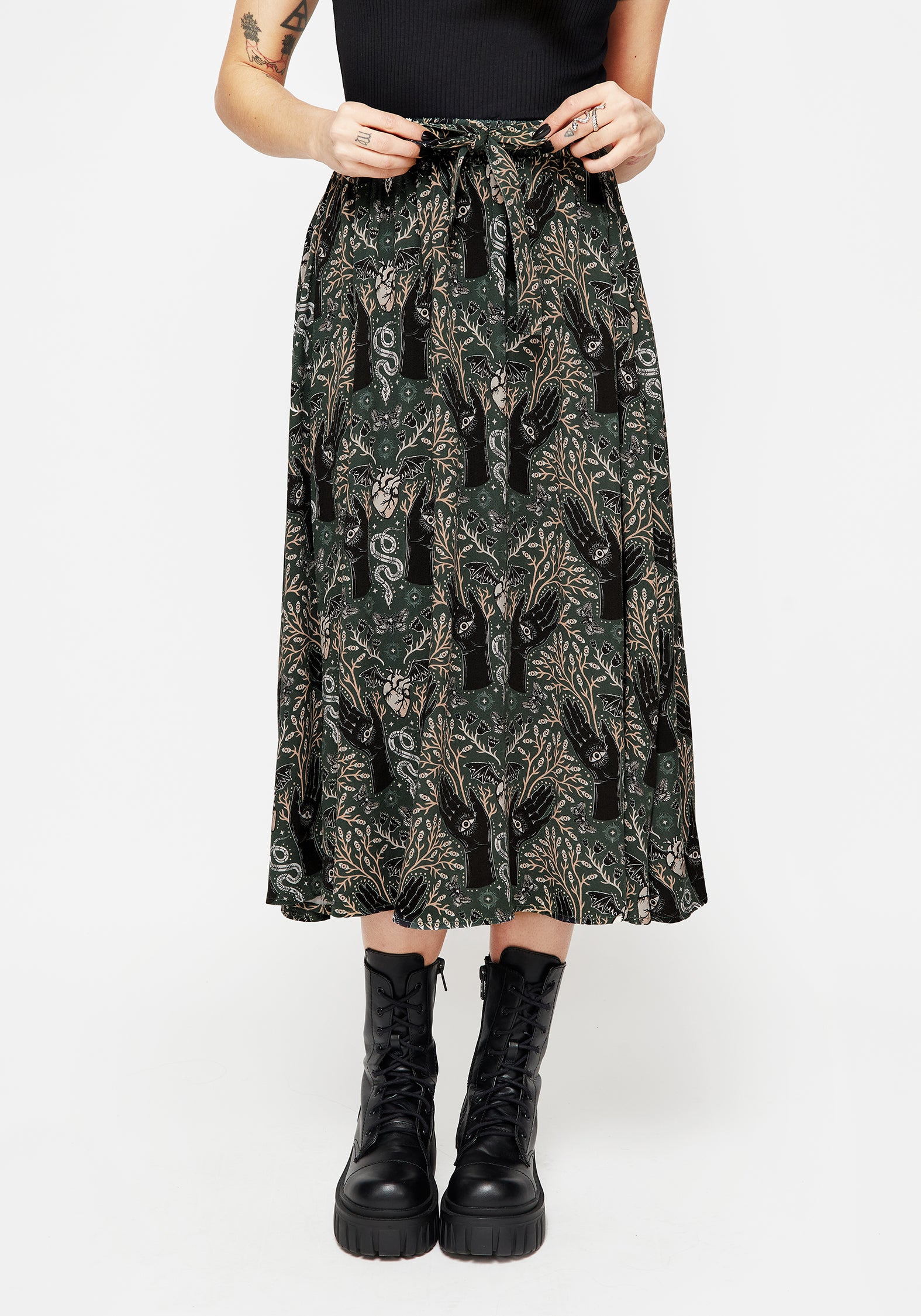 Green Witch Print Tie Waist Midi Skirt | Elastic Waist & Pockets