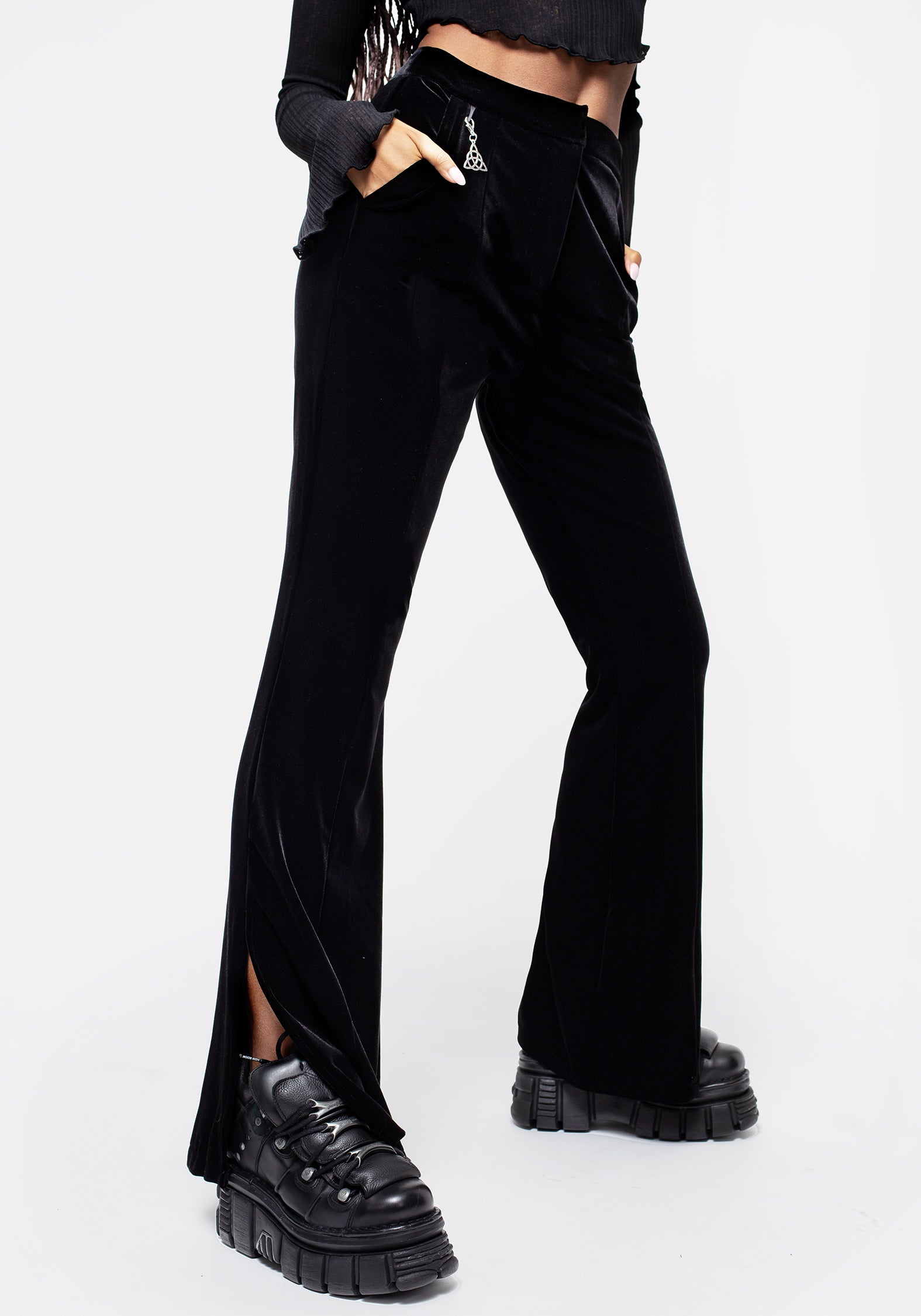 Velour Flared Trousers with Side Splits & Charm | Morrigan