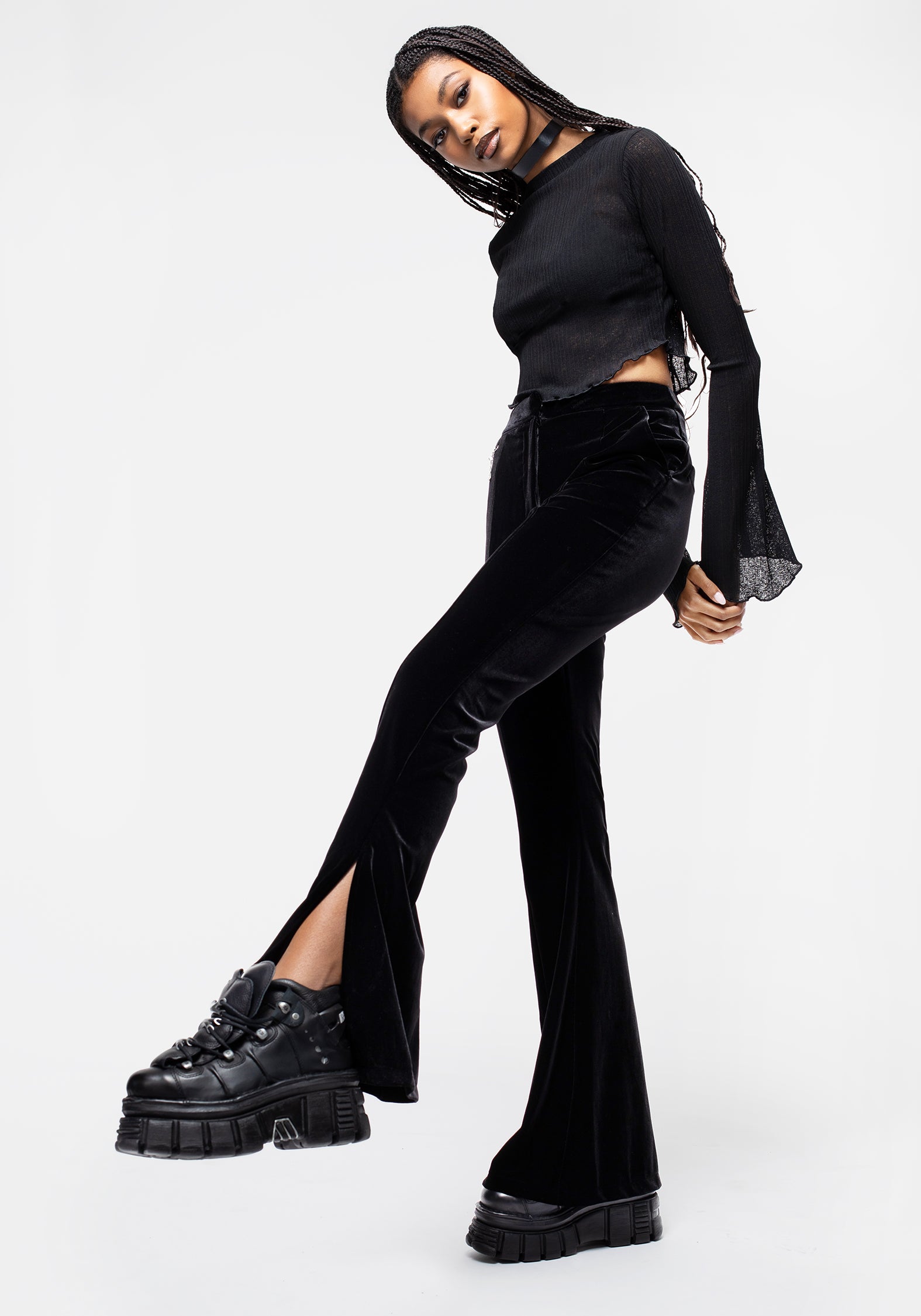Velour Flared Trousers with Side Splits & Charm | Morrigan