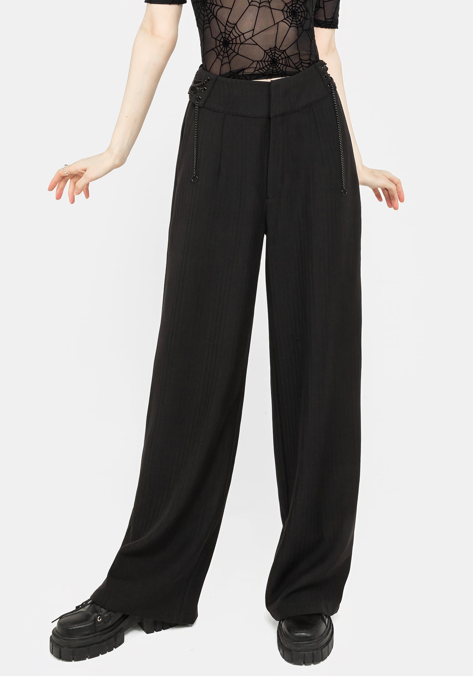Straight Leg Trousers with Chain Detail & Herringbone Pattern | Juno