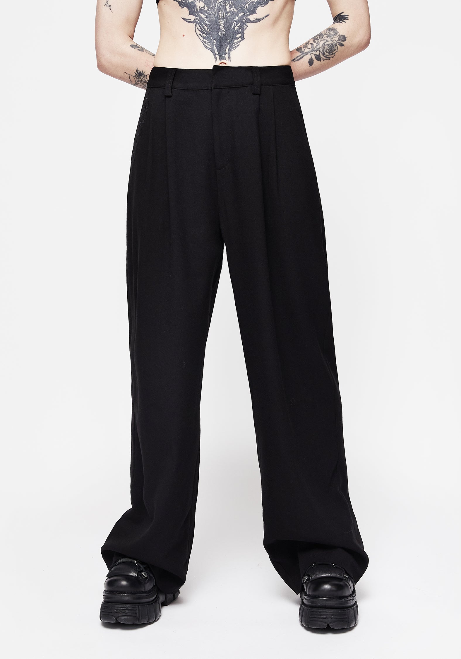 Black Embroidered Wide Leg Trousers | High-Waisted & Floral Skull Design